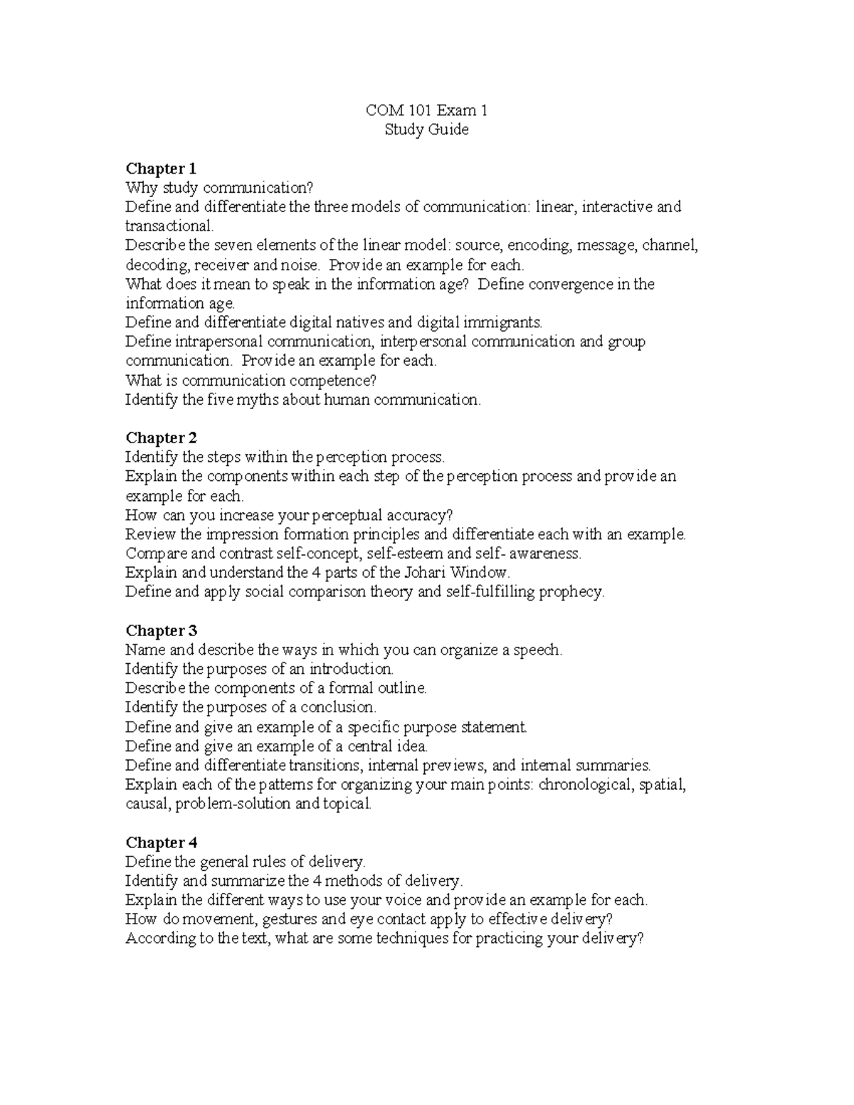 Study Guide COM 101 Exam 1 Fall 2016 - COM 101 Exam 1 Study Guide ...