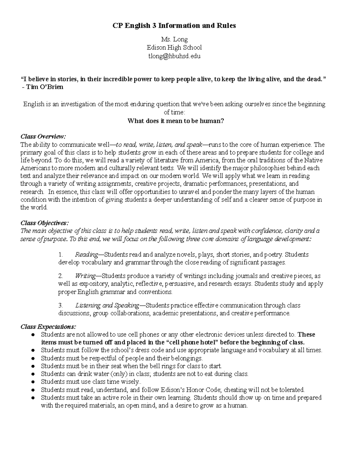 CP3 Class Rules and Info CP English 3 Information and Rules Ms. Long