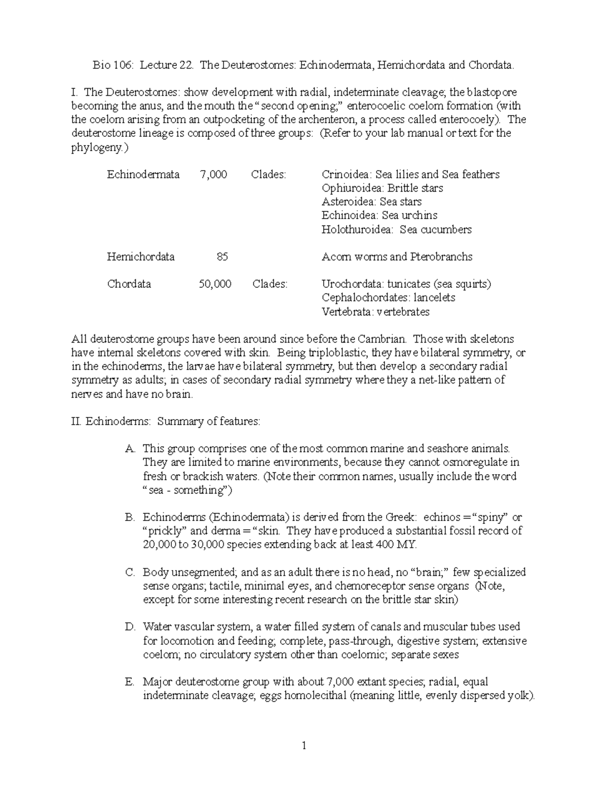 Lecture 16, Outline - notes - Bio 106: Lecture 22. The Deuterostomes ...