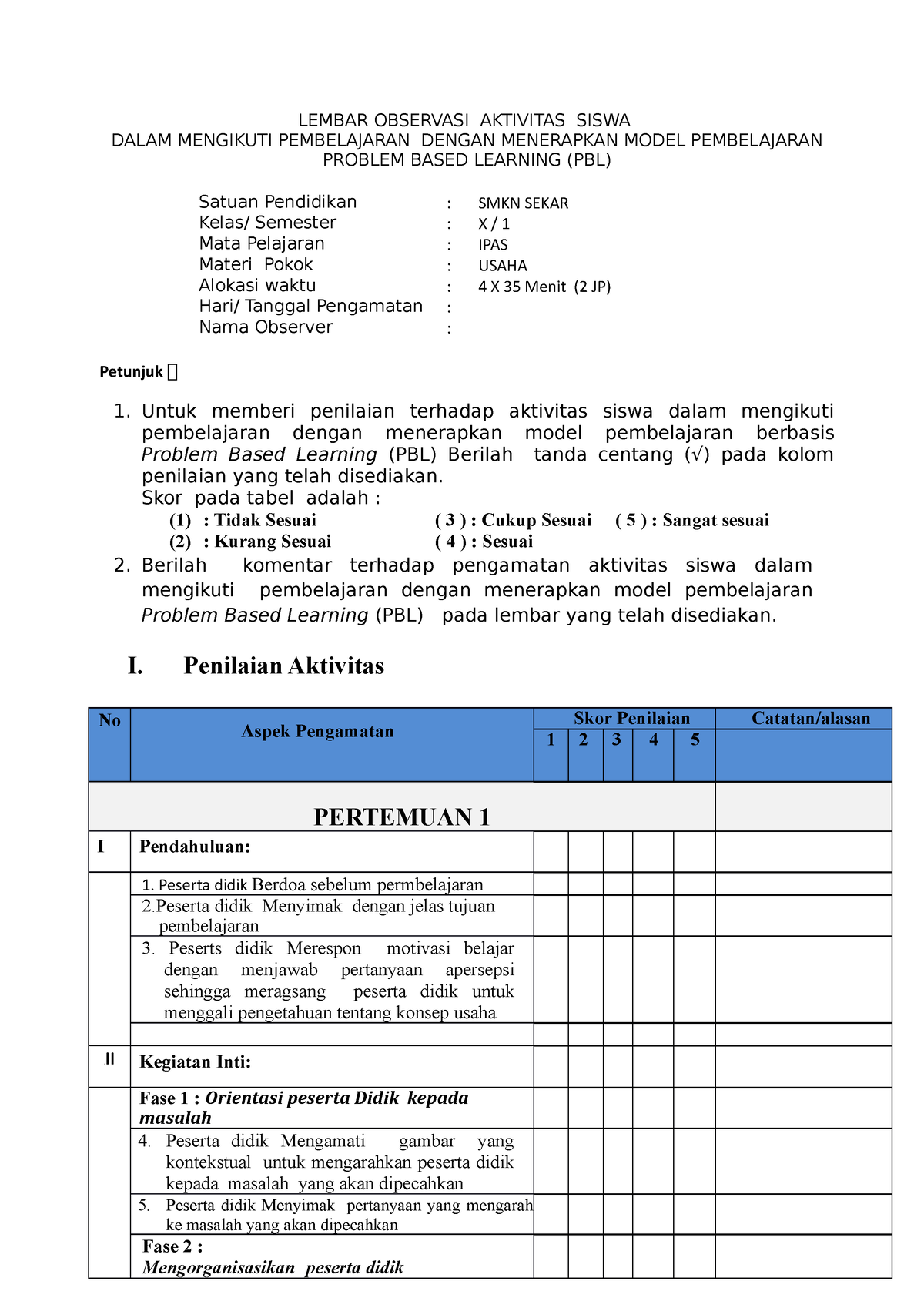 Lembar Observasi Aktivitas Siswa - LEMBAR OBSERVASI AKTIVITAS SISWA ...