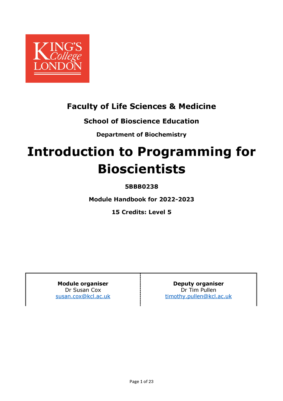 5BBB0238 Module Handbook 2022-3 - Faculty Of Life Sciences & Medicine ...