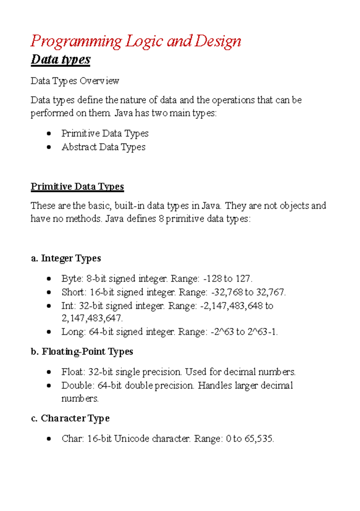 Prognotes program notes Programming Logic and Design Data types