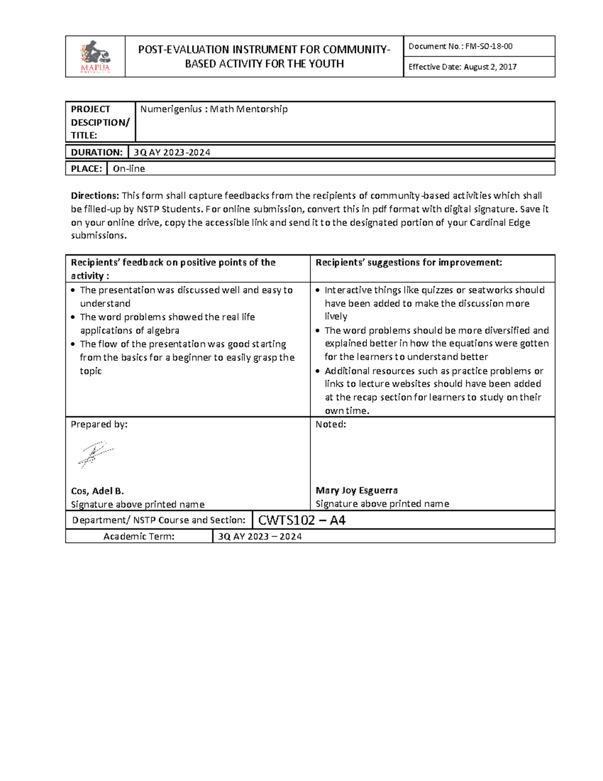 Cos AB-CWTS102-A4-PPE - POST-EVALUATION INSTRUMENT FOR COMMUNITY- BASED ...