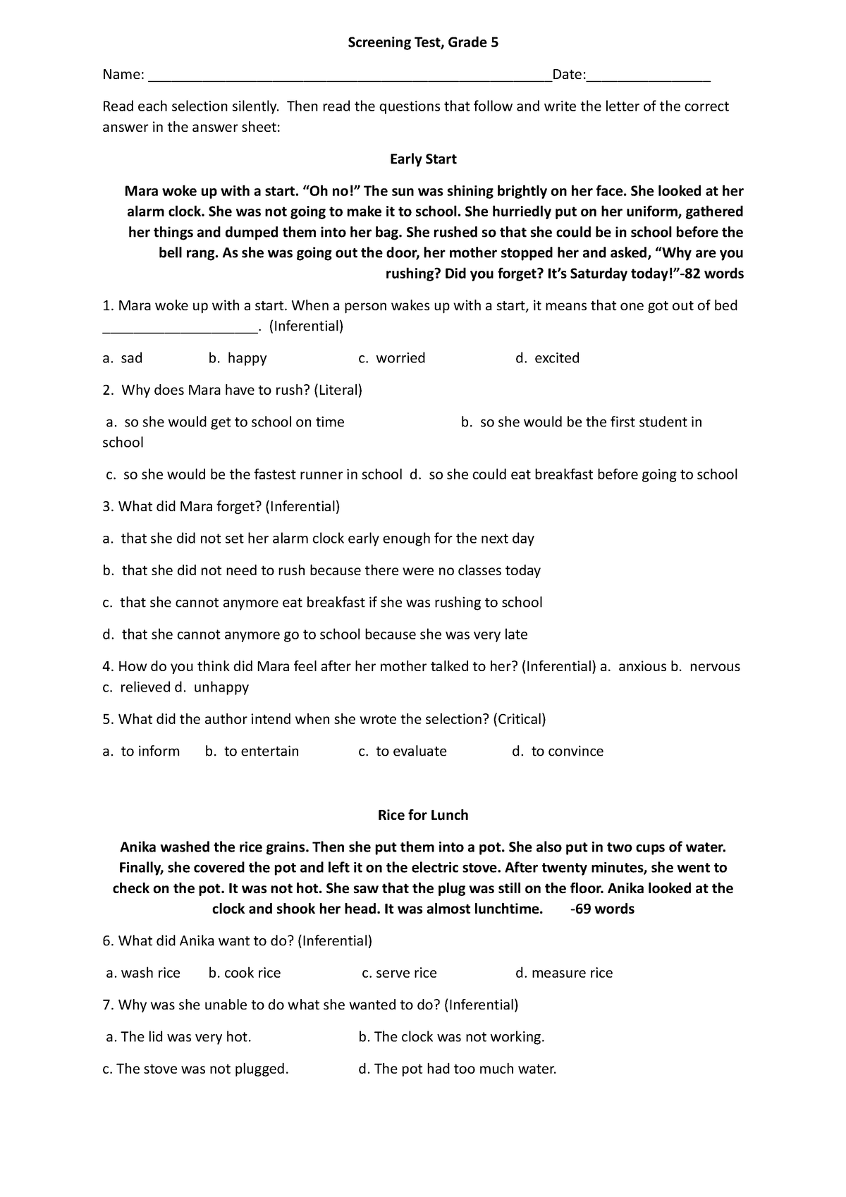 Screening test grade 5 - Screening Test, Grade 5 Name