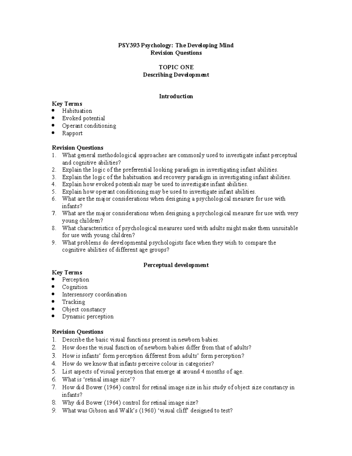Revision Questions - Describing Development - PSY393 Psychology: The ...