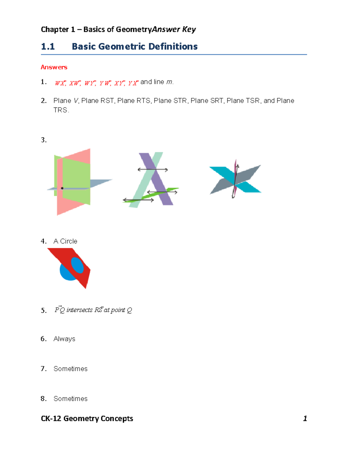 Answer Key CK-12 Chapter 01 Geometry Concepts - 1 Basic Geometric ...