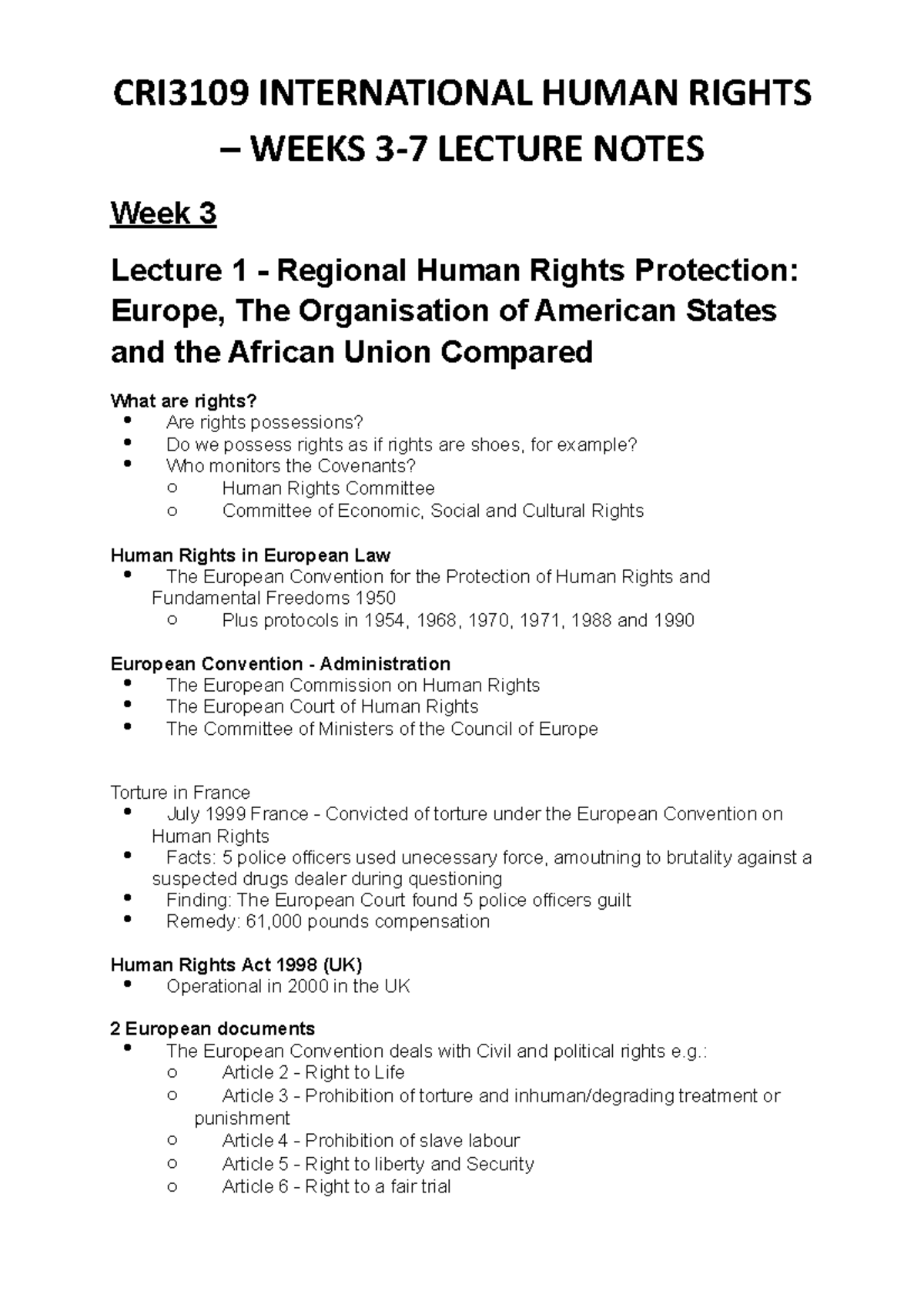 CRI3109 International Human Rights Weeks 3-7 Lecture Notes - CRI3109 ...