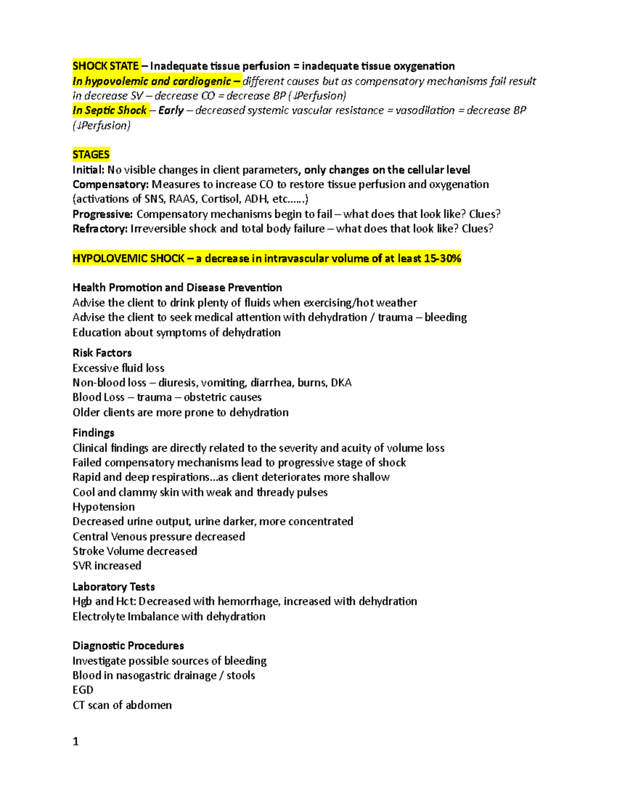 Shock States 2022 - Handout - Study Guide - SHOCK STATE – Inadequate ...
