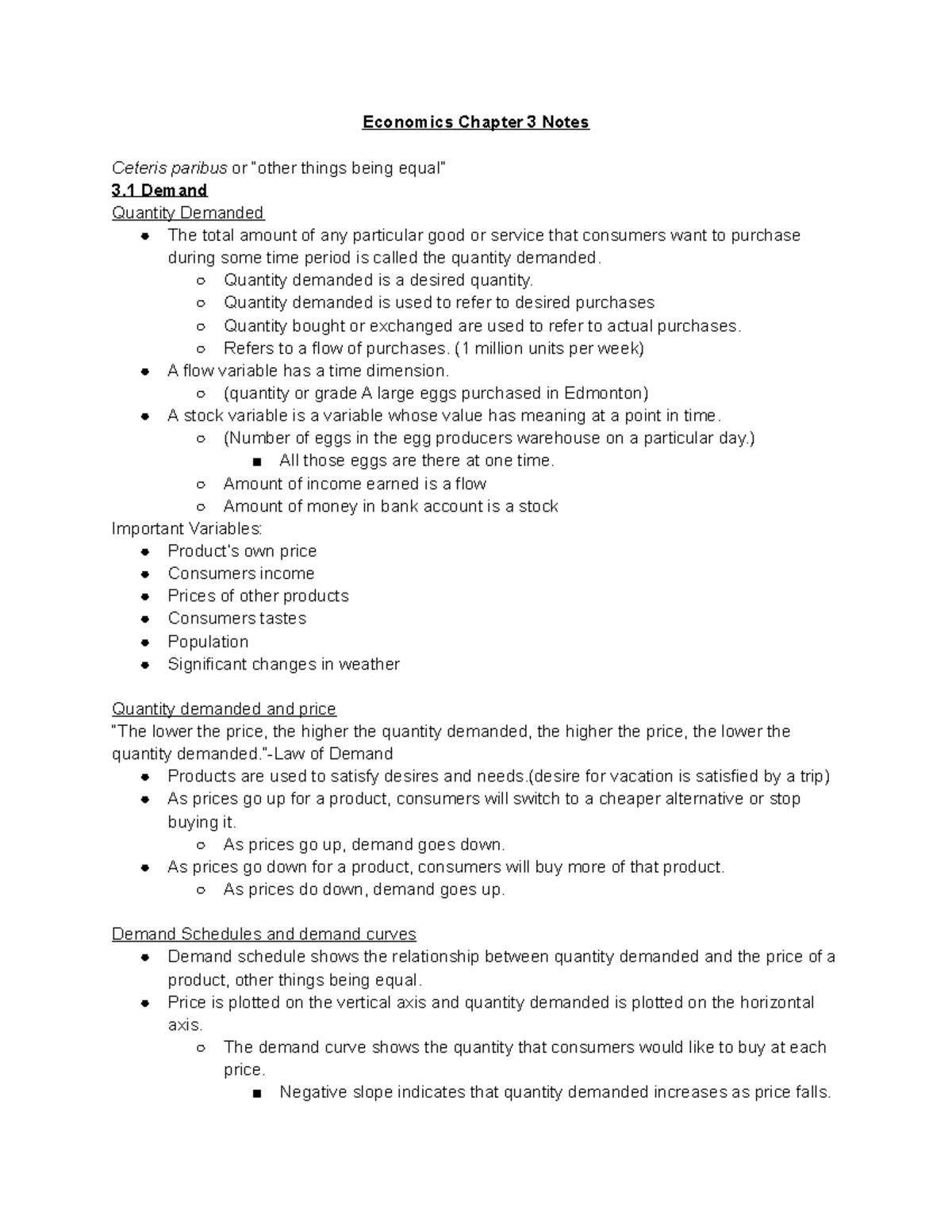 Econ Chapter 3 notes - Economics Chapter 3 Notes Ceteris paribus or ...