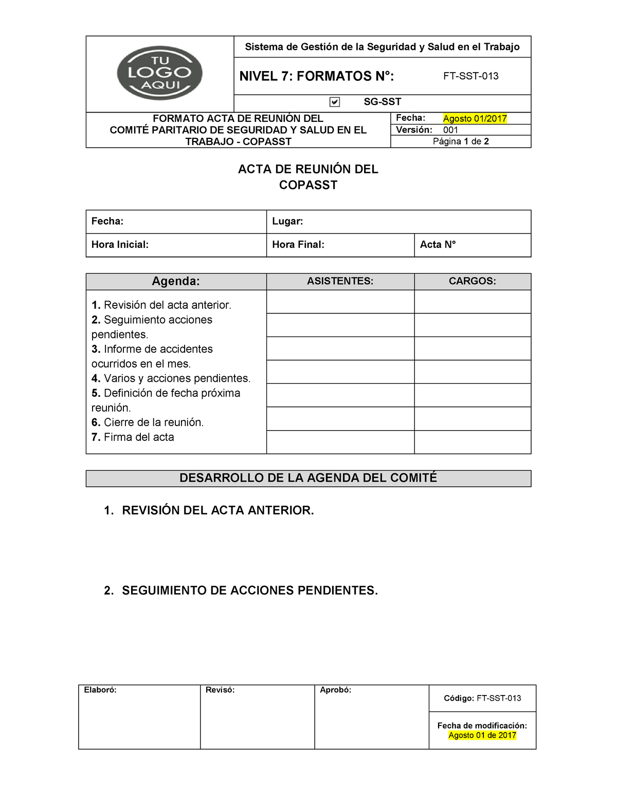 Acta De ReuniÓn Del Comite Paritario De Seguridad Y Salud En El Trabajo