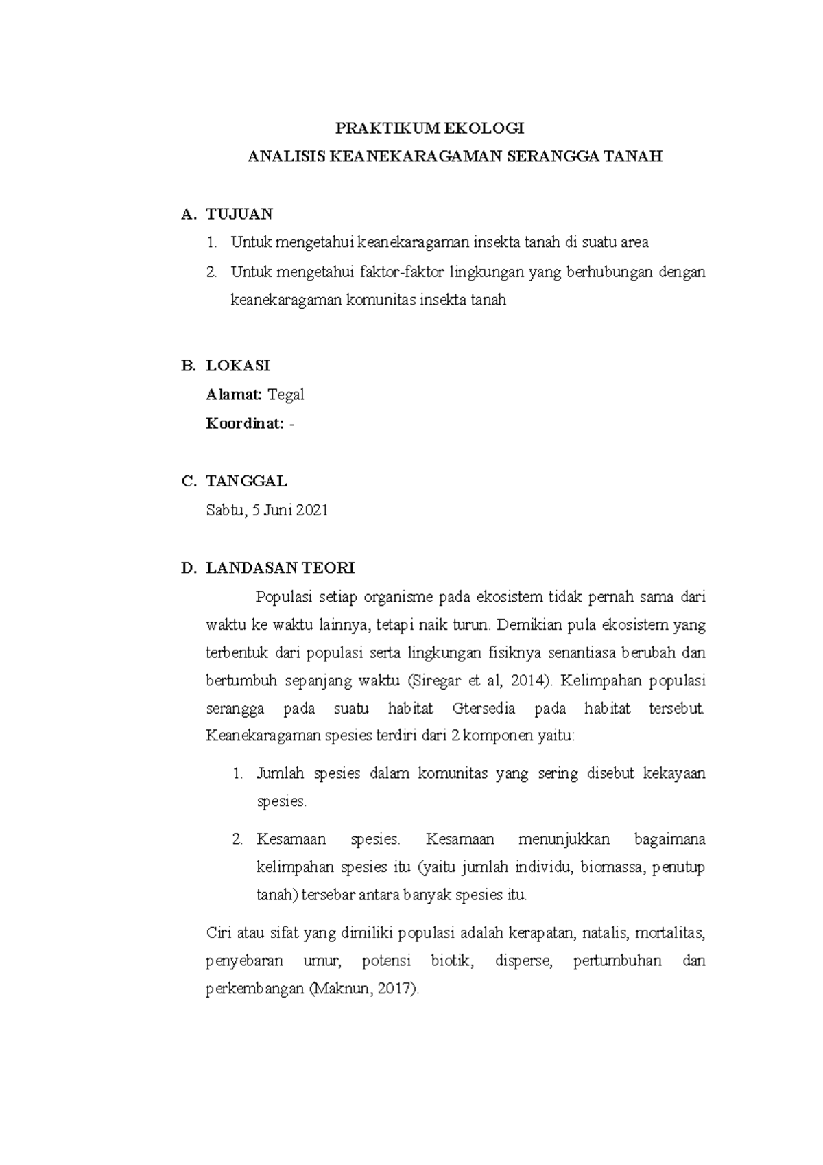 Laporan Ekologi Analisis Keanekaragaman Serangga Tanah - PRAKTIKUM ...