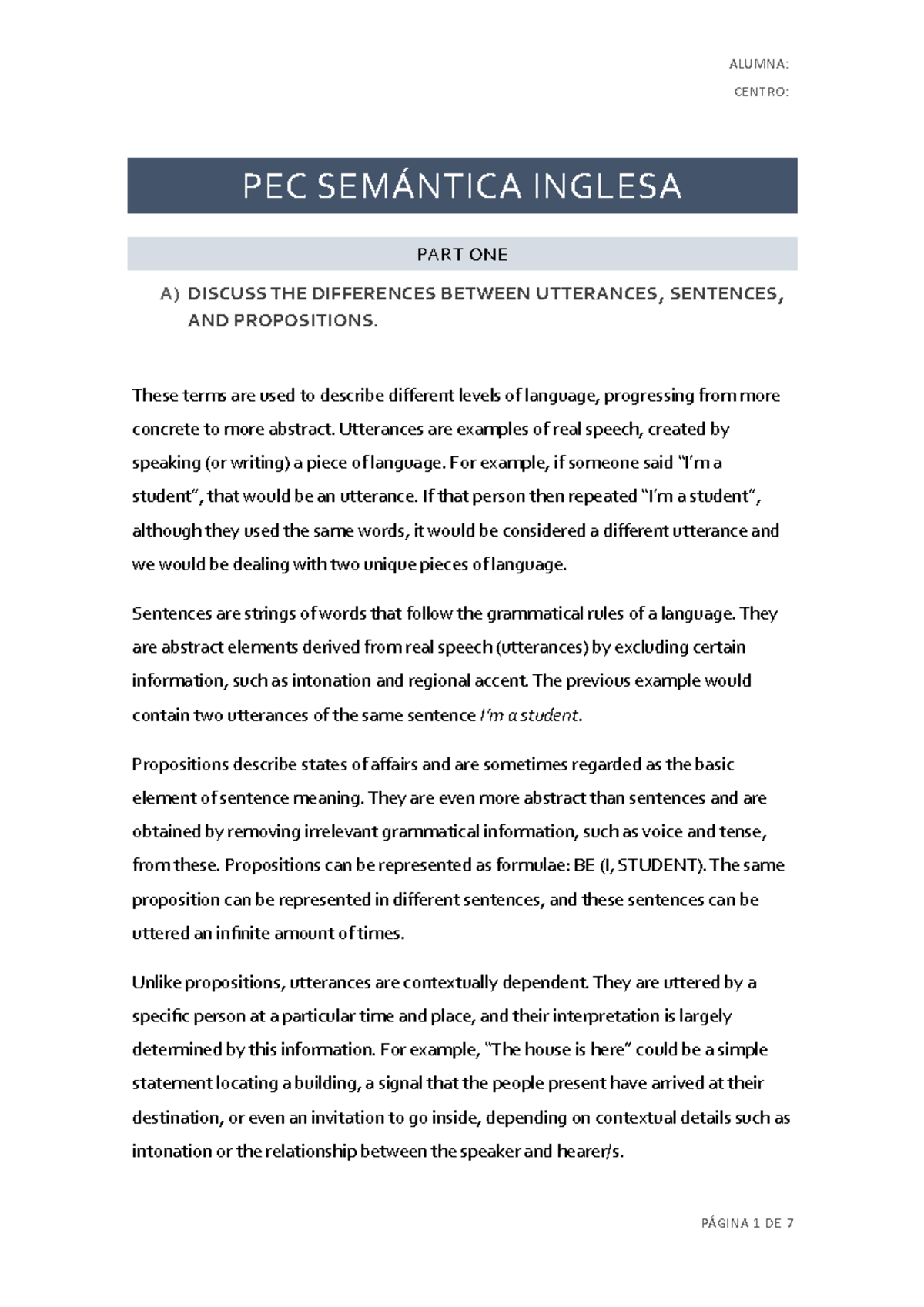 2015 PEC semantics - ALUMNA: CENTRO: PEC INGLESA PART ONE A) DISCUSS ...