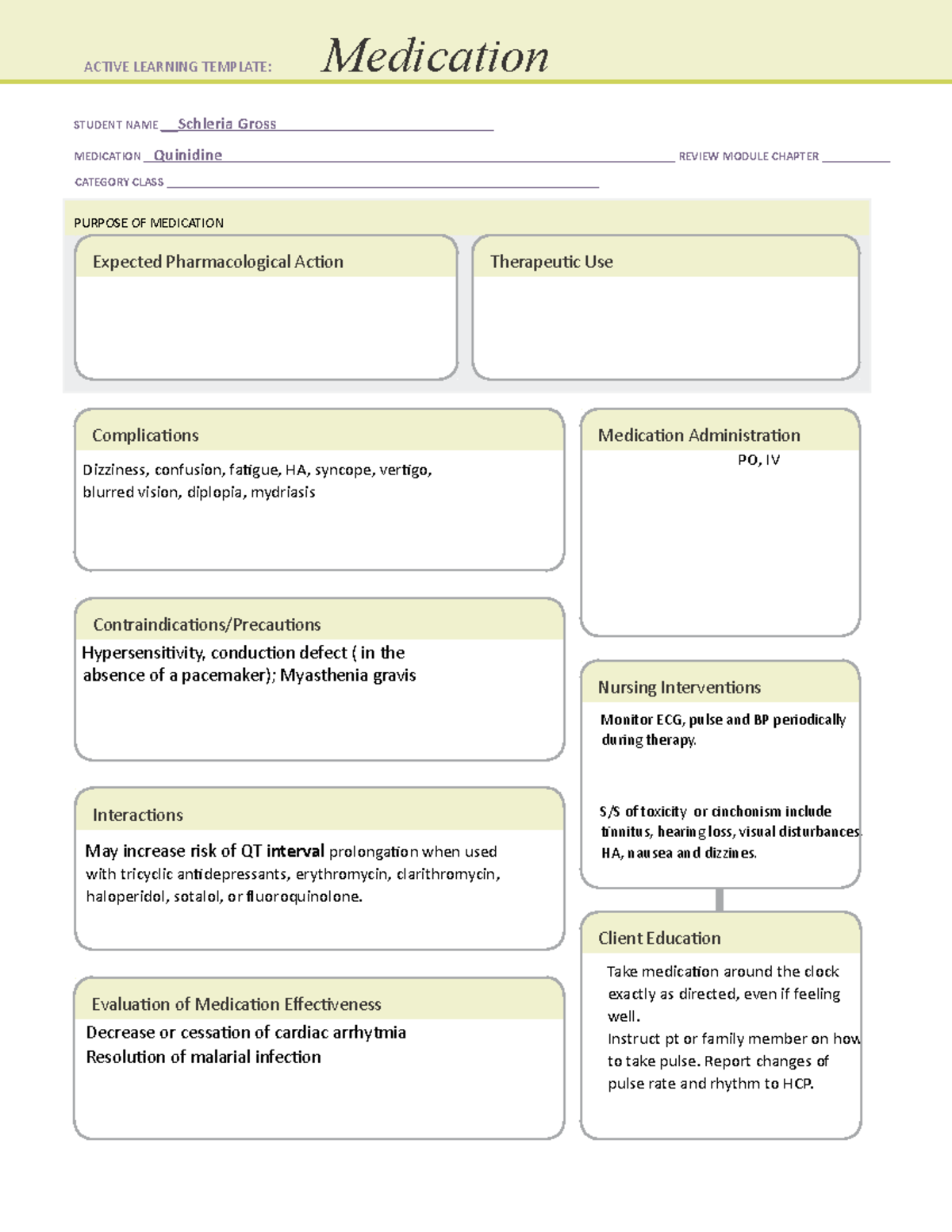 Quinidine Medication Template - STUDENT NAME Schleria Gross