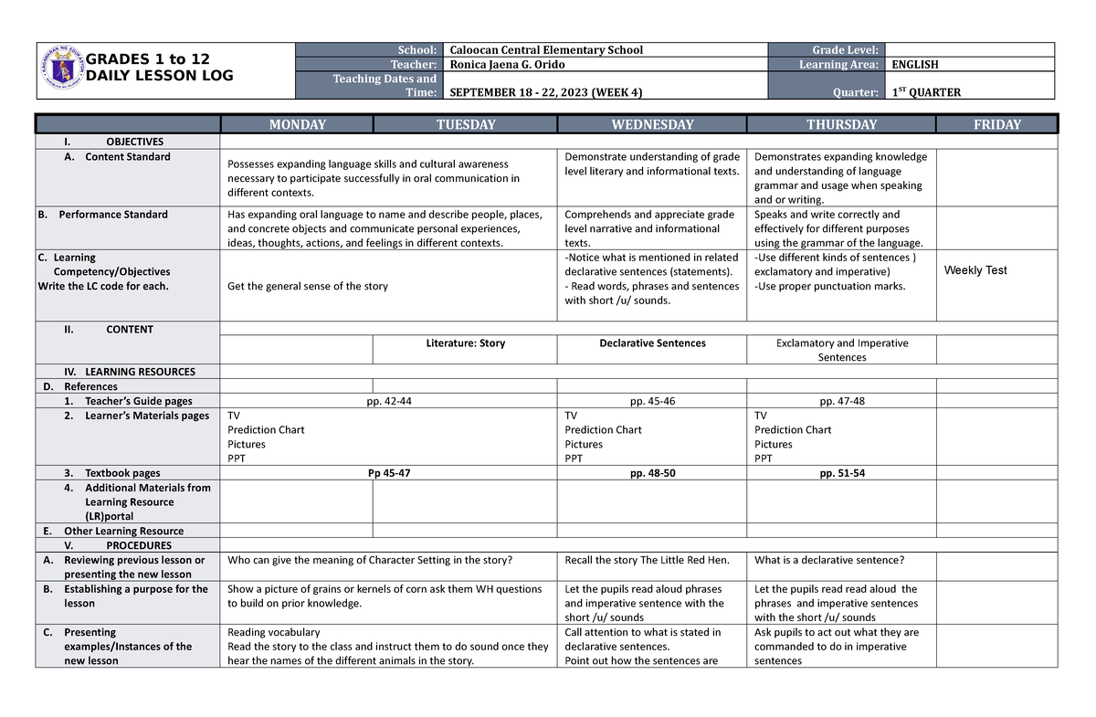 DLL English 3 Q1 W4 - dll - GRADES 1 to 12 DAILY LESSON LOG School ...