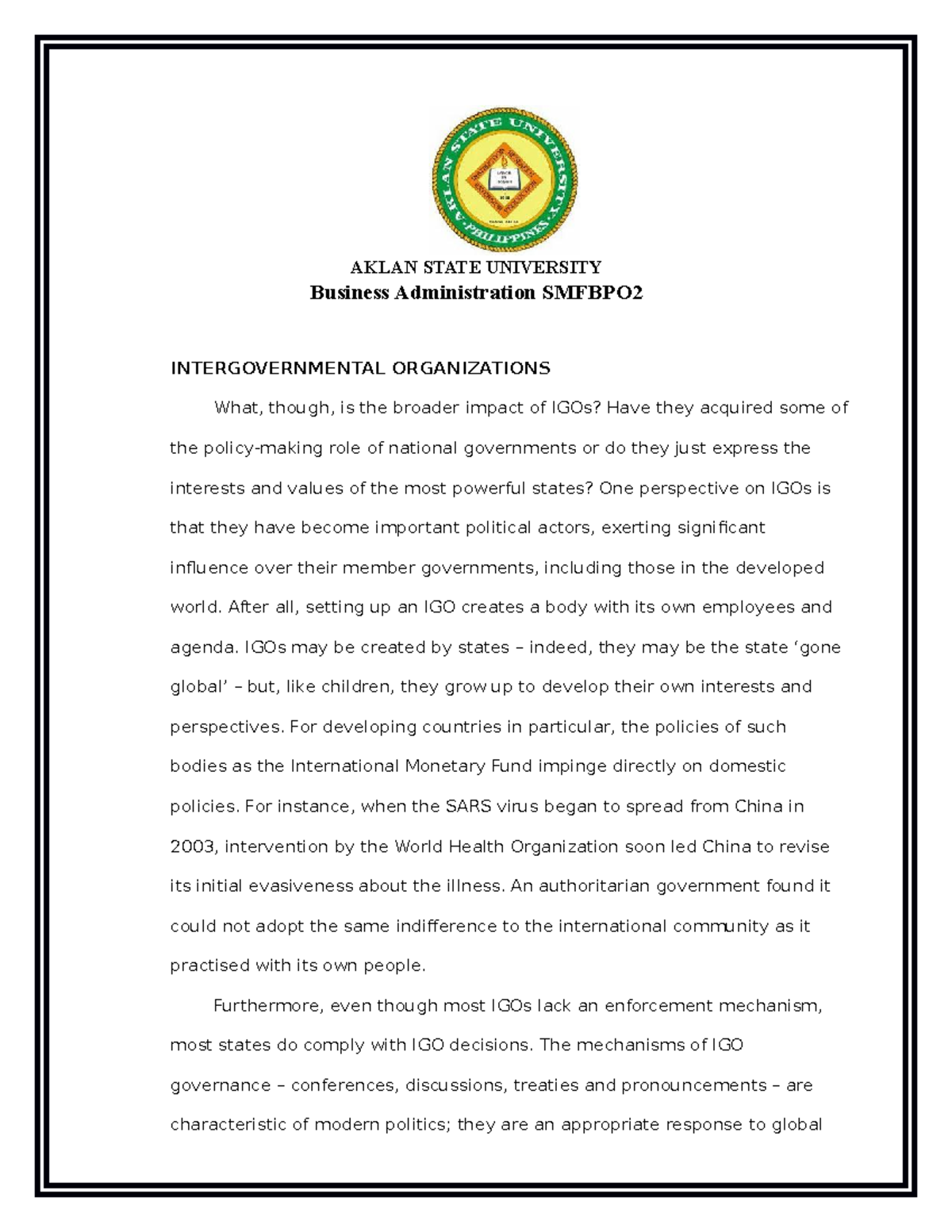 Intergovernmental Organizations - AKLAN STATE UNIVERSITY Business ...