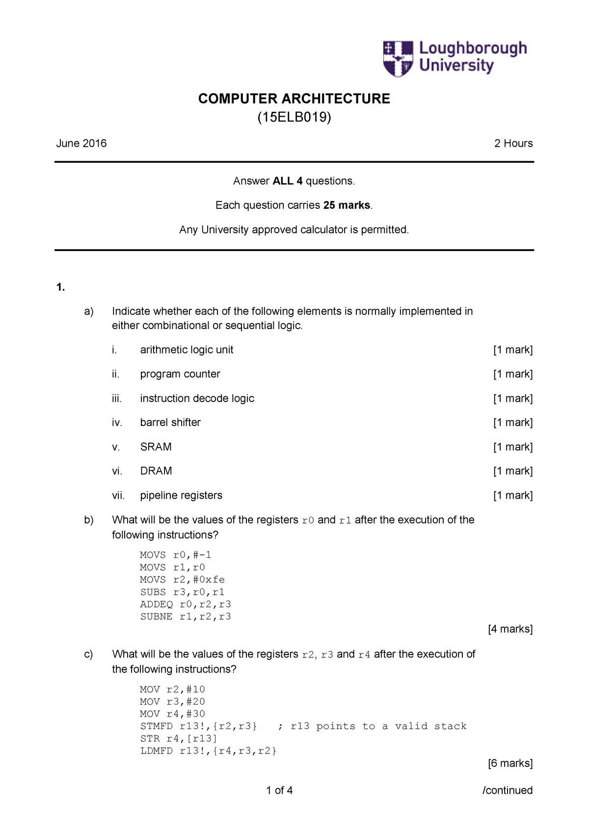 computer architecture assignment questions