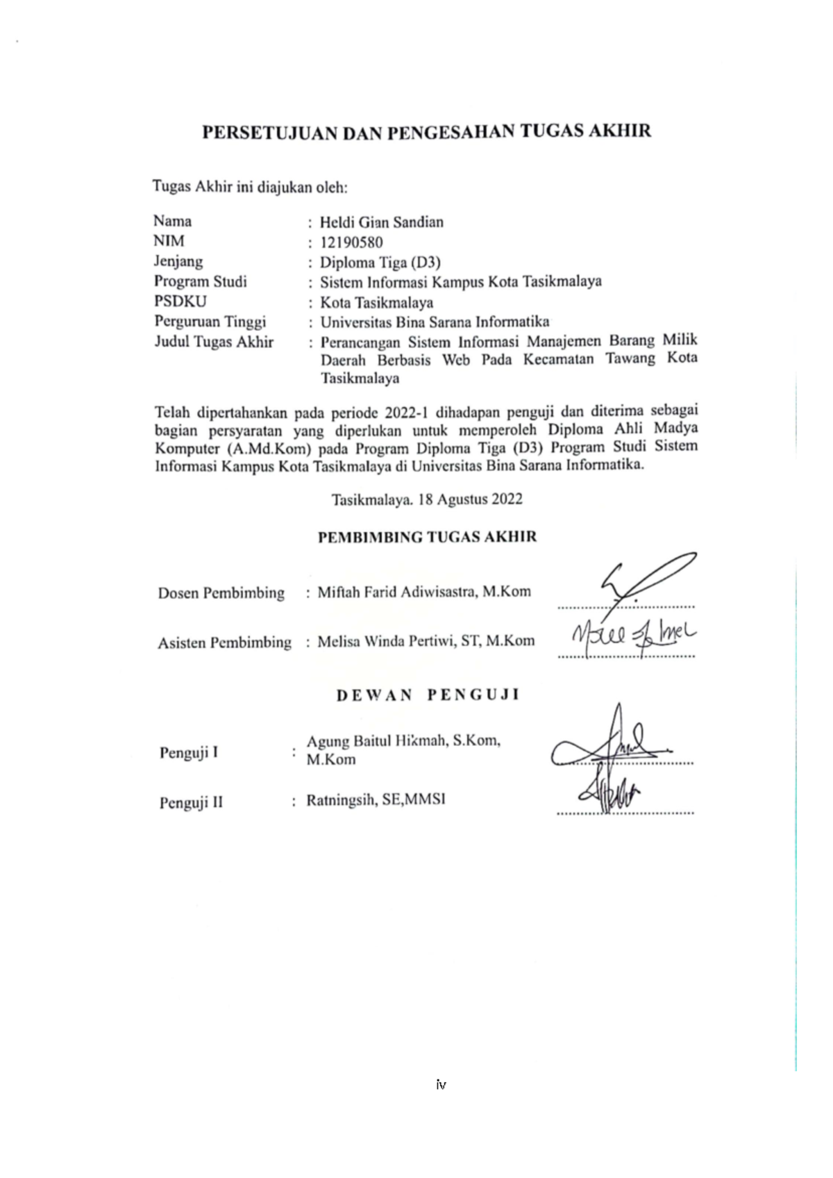 Lembar Persetujuan Dan Pengesahan Tugas Akhir - Iv PERSETUJUAN DAN ...