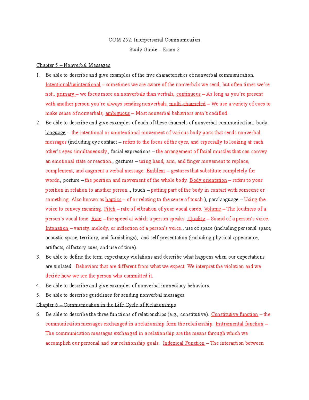 Exam2Study Guide COM252 Spring 2019 - COM 252: Interpersonal ...