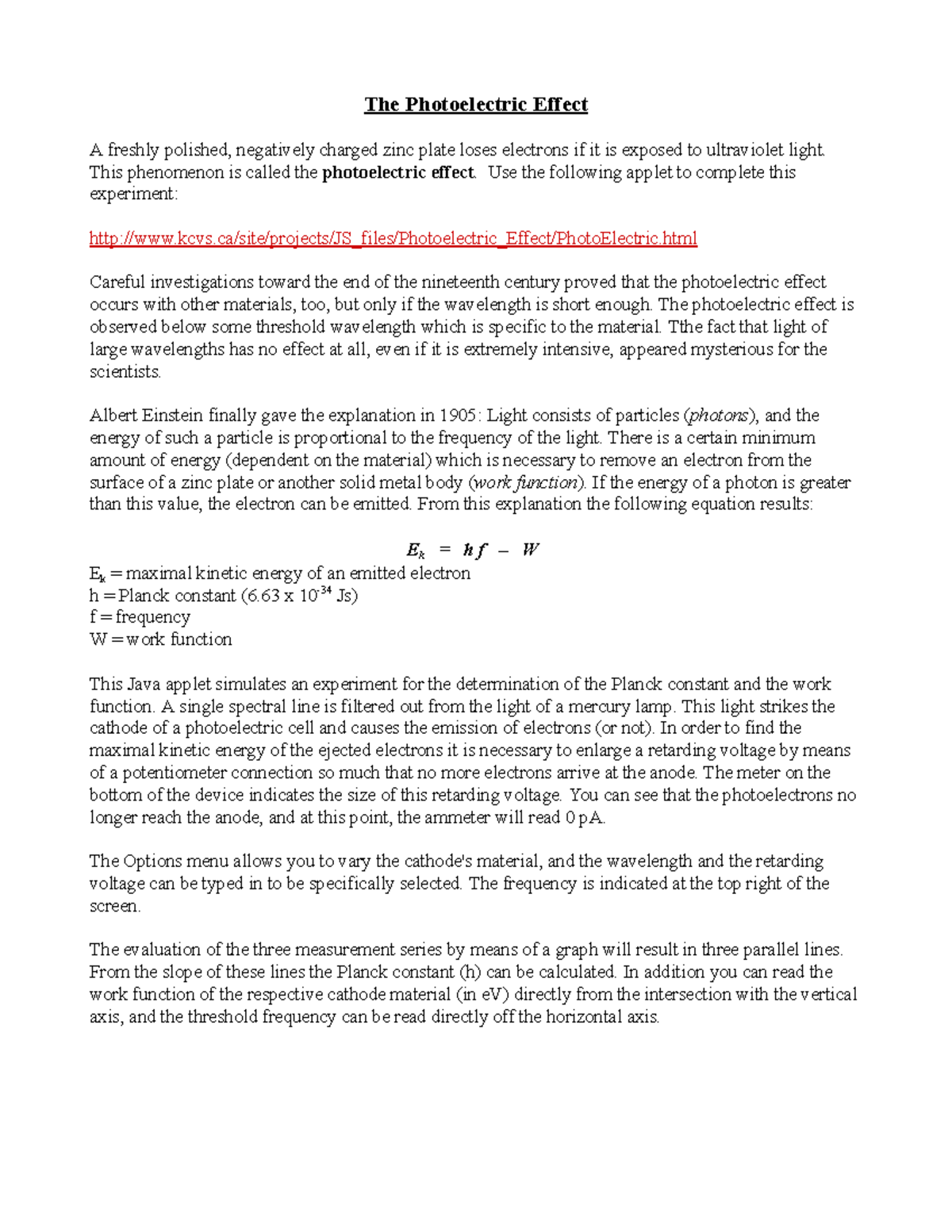 Physics 30 Photoelectric Effect KCVS Applet Lab - The Photoelectric ...