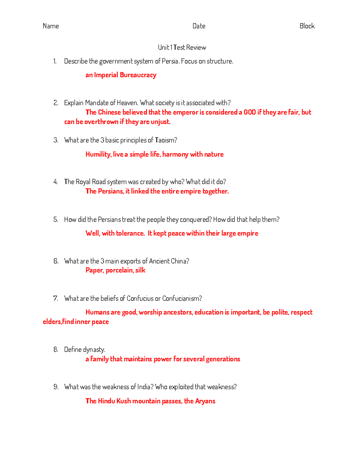 Unit 1 Test Review Answers 1 Unit 1 Test Review Describe the