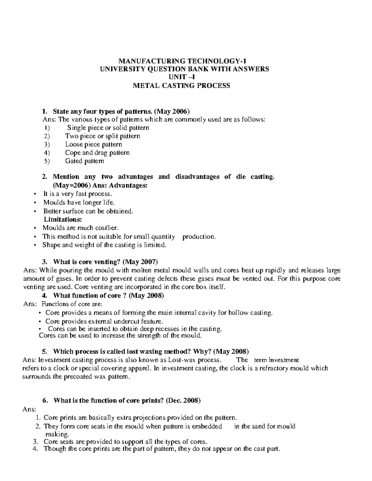 Tutorial Questions on Metal Forming MANUFACTURING TECHNOLOGY