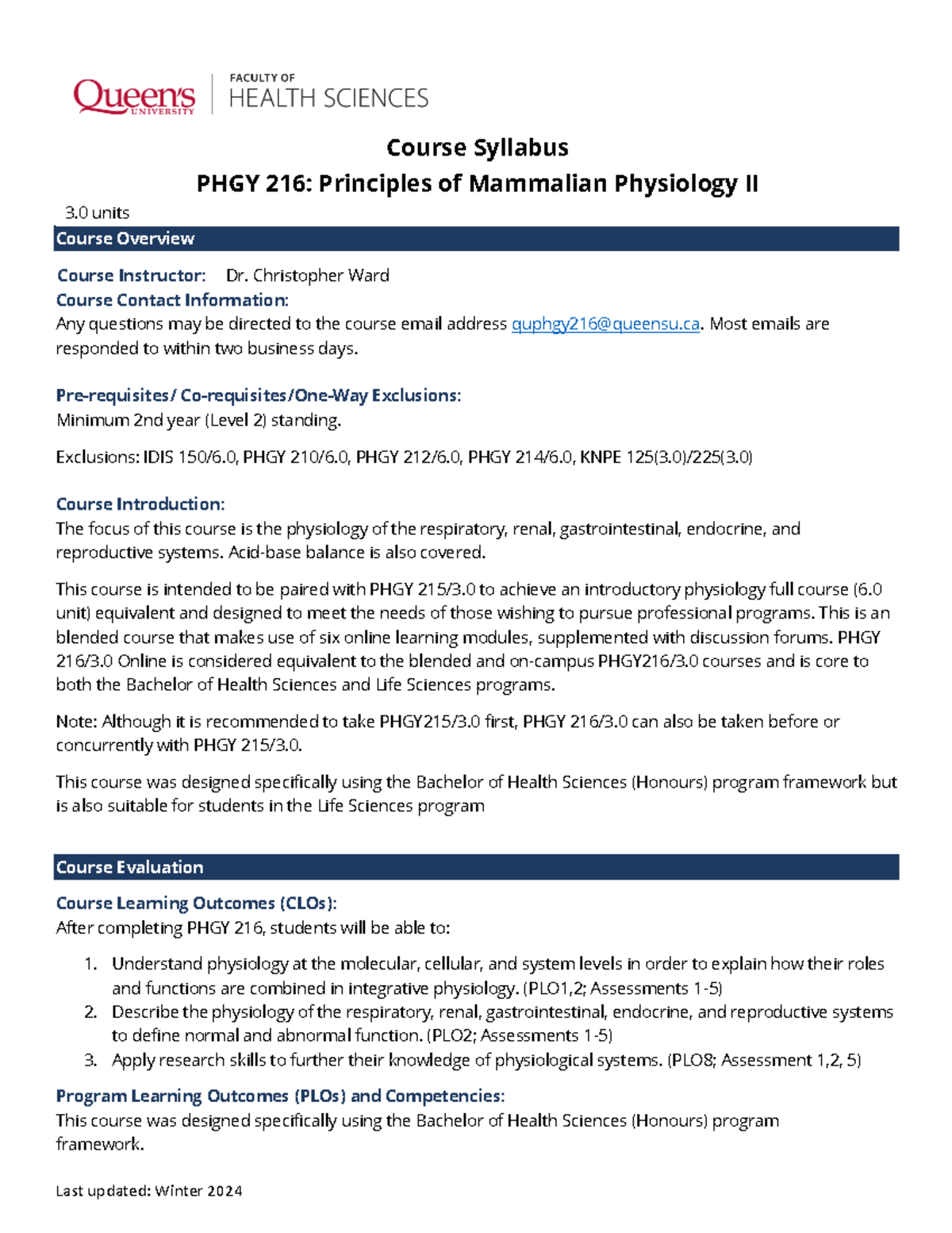 PHGY216-W24 - Outlines - Course Overview Course Instructor: Dr ...