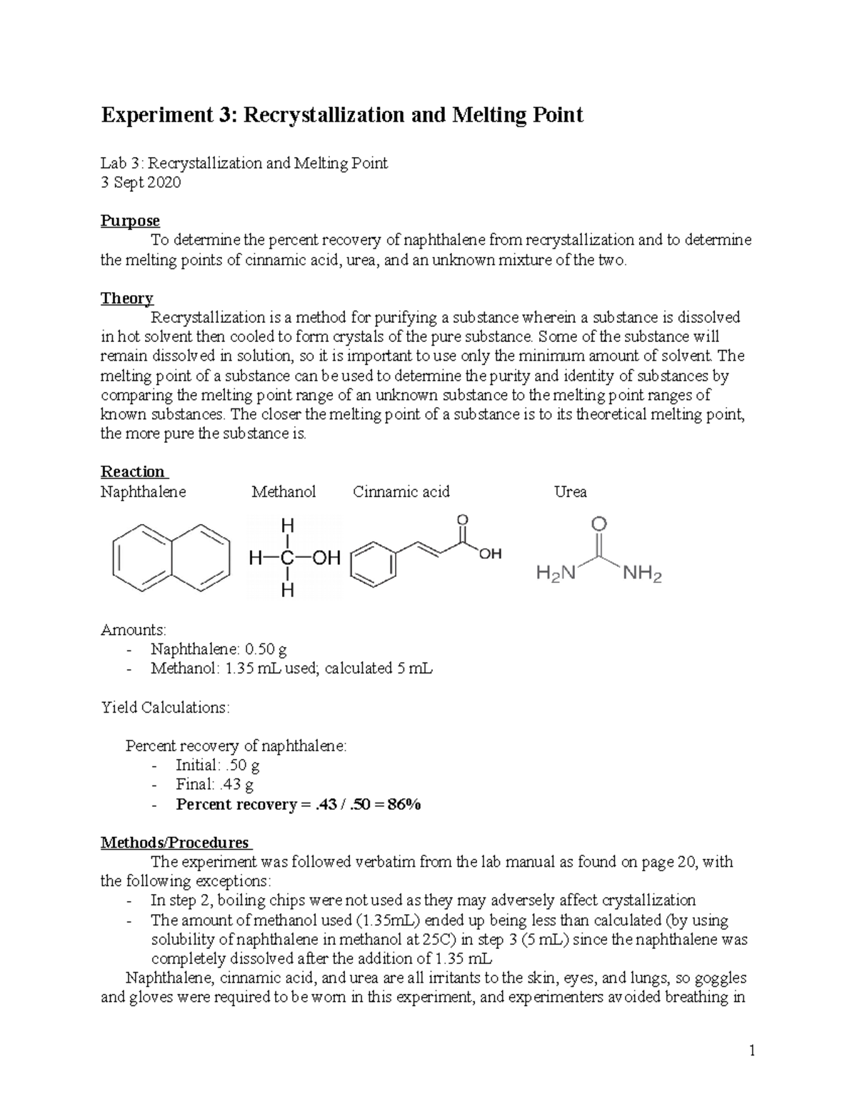 Chem253 Expt 3 Recrystallization And Melting Point - Experiment 3 ...