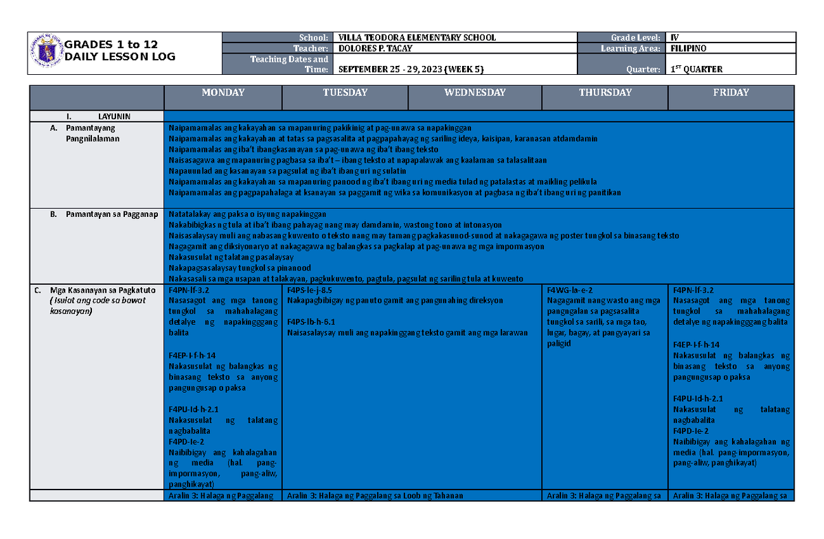 DLL Filipino 4 Q1 W5 - DLL ELEM - GRADES 1 to 12 DAILY LESSON LOG ...