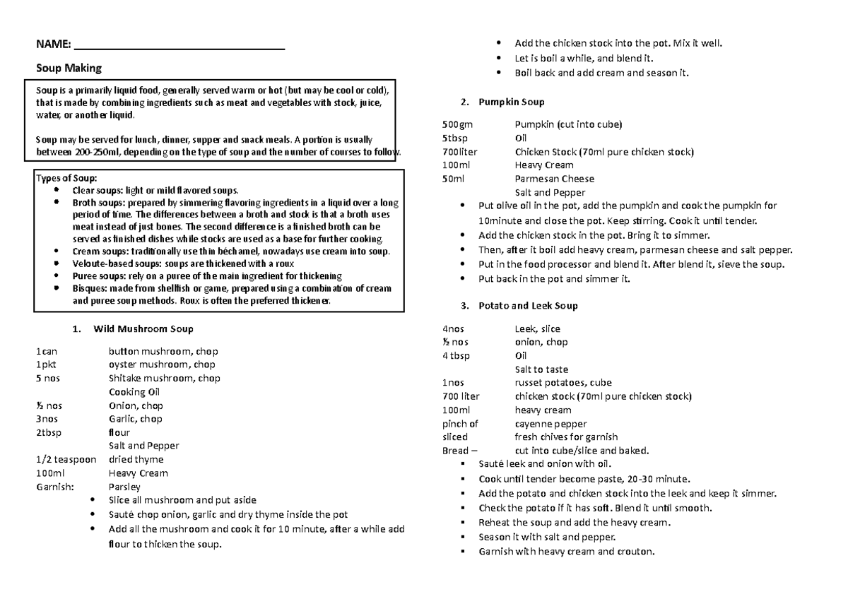 Food Prep 1 W6W7 Soup Making NAME
