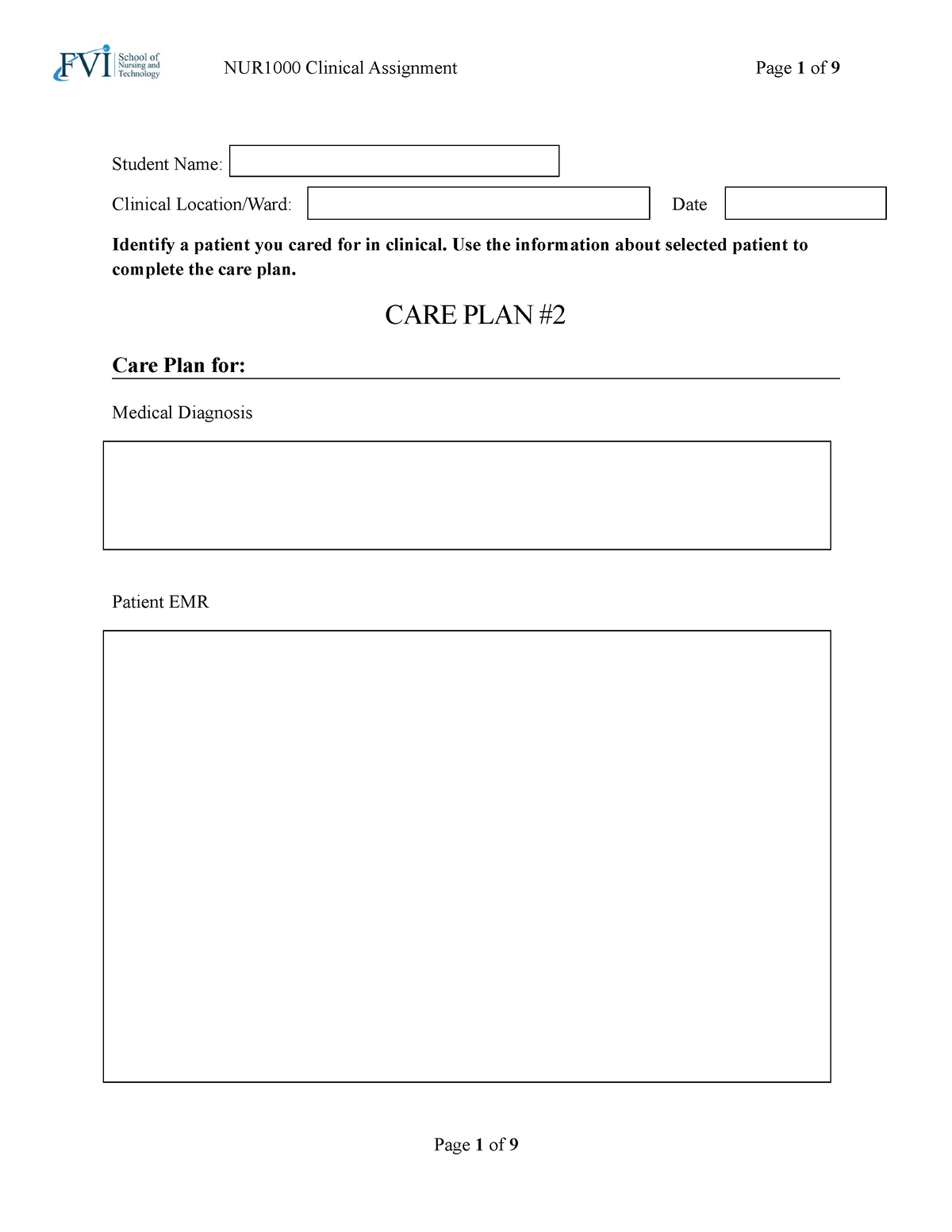 Care Plan #2 new form - notes - Student Name: Clinical Location/Ward ...