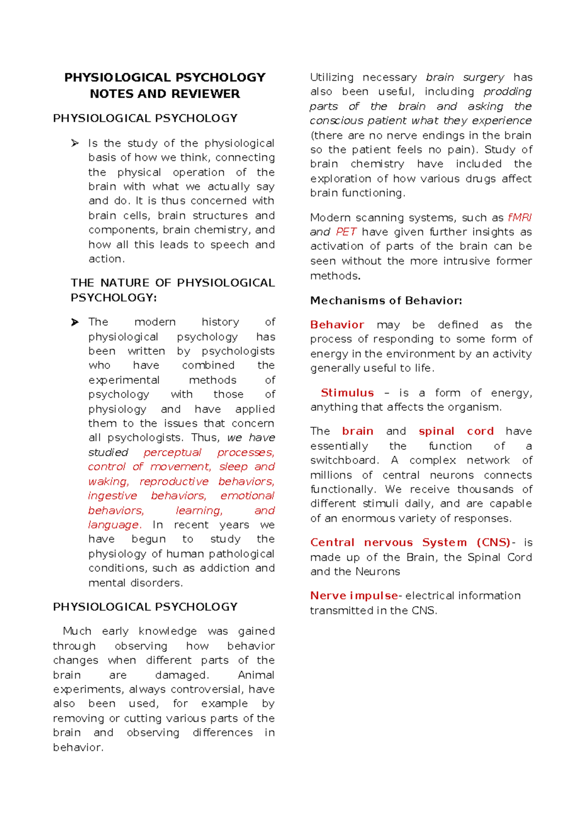 Physiological Psychology Notes AND Reviewer PHYSIOLOGICAL PSYCHOLOGY