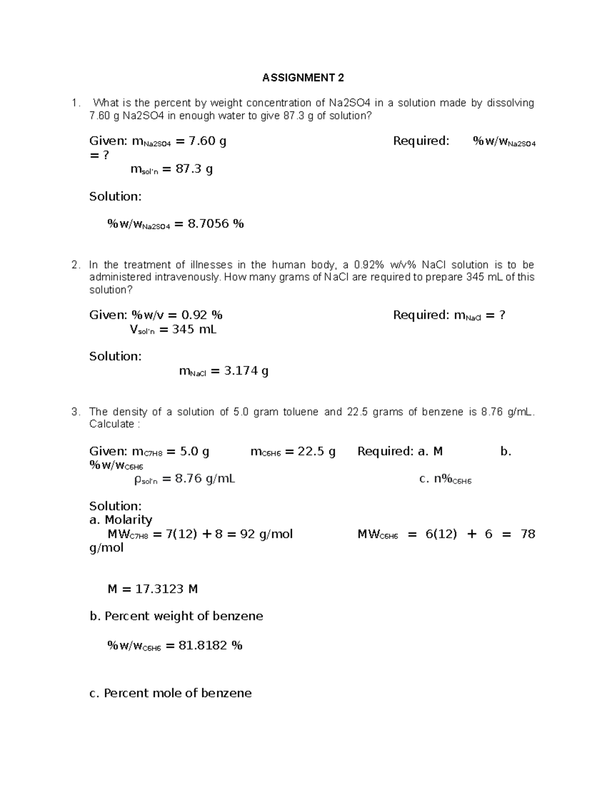 Assignment 2 Concentrations(LEC) - ASSIGNMENT 2 What is the percent by ...