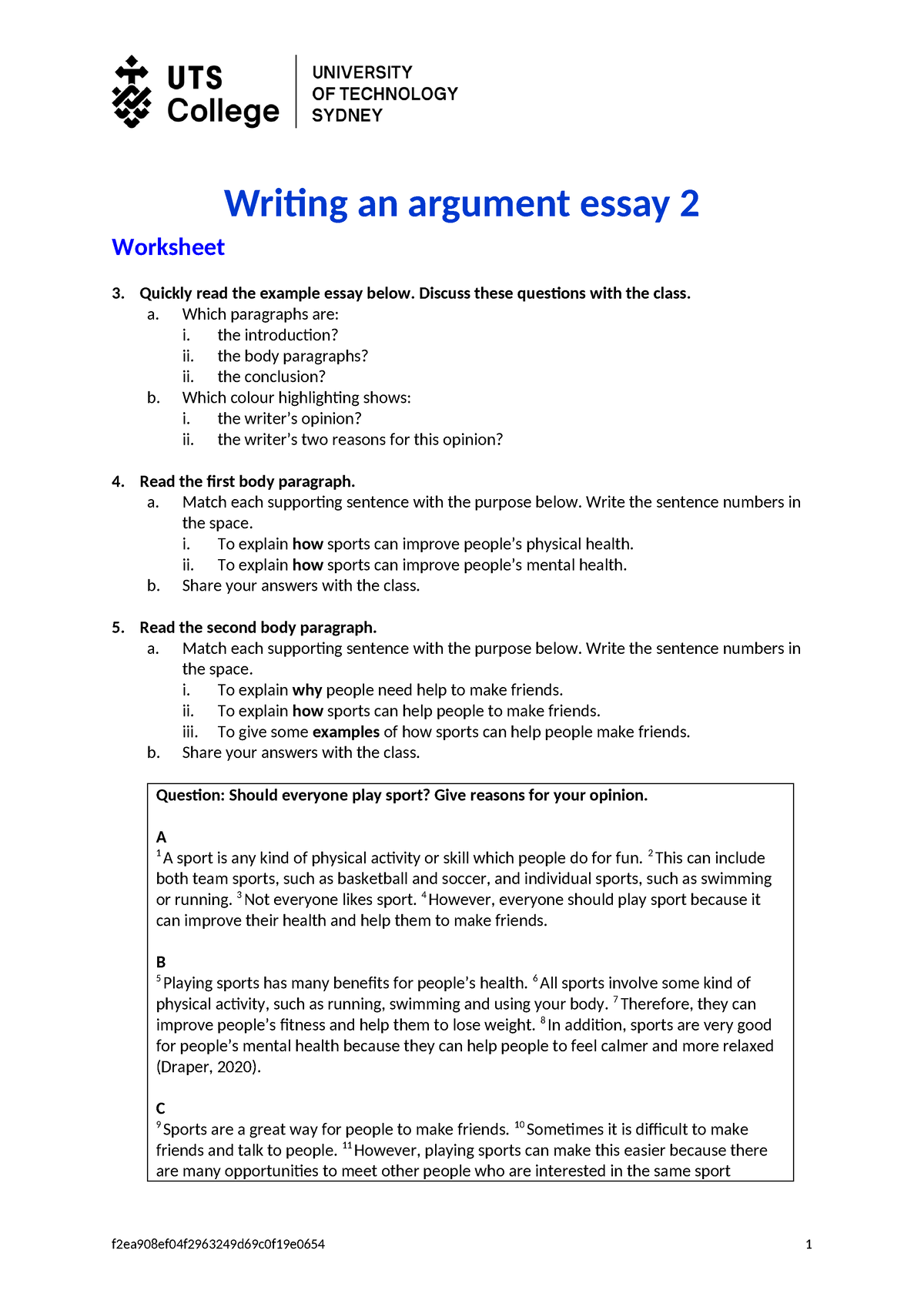 Writing an argument essay 2 - Worksheet - Quickly read the example ...