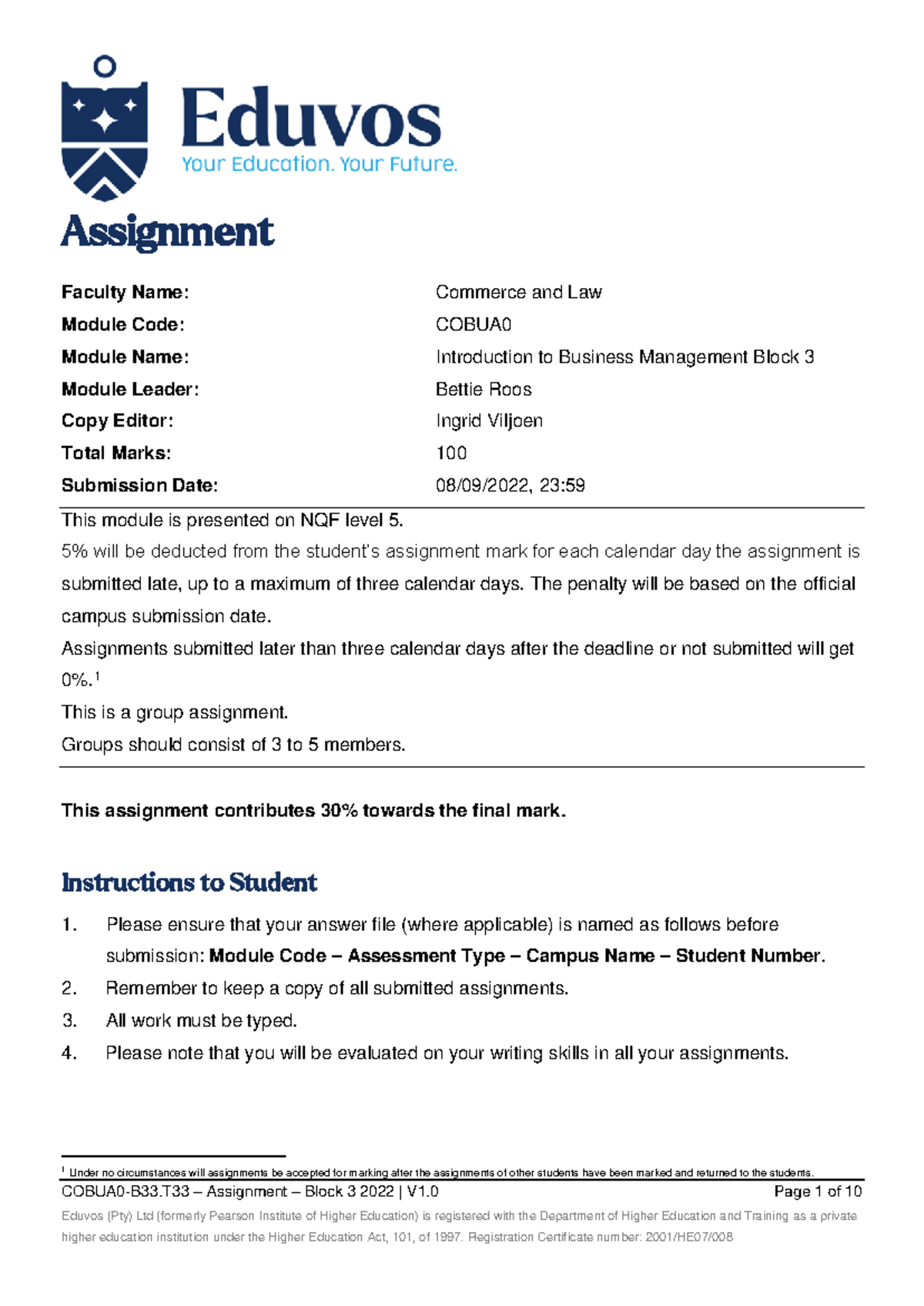 Business management - COBUA0-B33 – Assignment – Block 3 2022 | V1 Page ...
