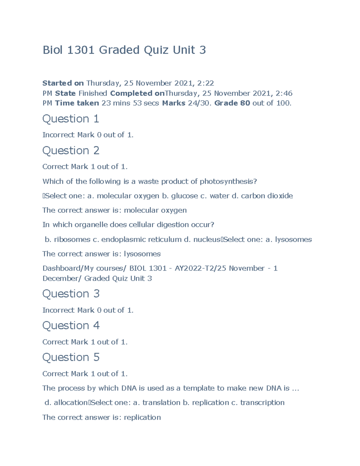 Biol 1301 Graded Quiz Unit 3 - Biol 1301 Graded Quiz Unit 3 Started On ...