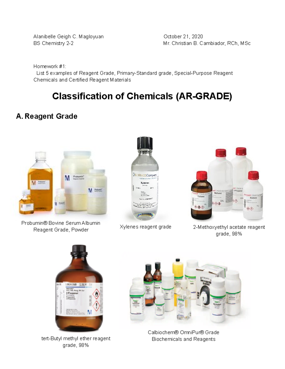 Ar Grades Chemicals Alanibelle Geigh C. Magloyuan October 21, 2020 BS