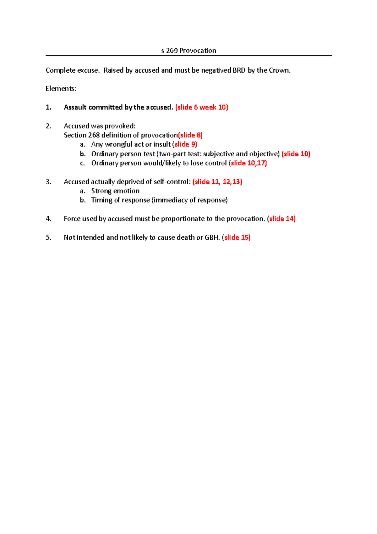 S 269 Provocation (Cheat Sheet) - s 269 Provocation Complete excuse ...