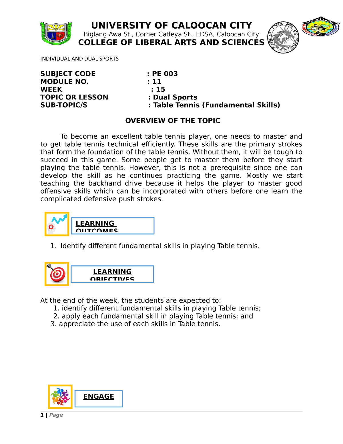 PE003 CLAS Module 11 Week 15 Table Tennis Fundamental Skills - Biglang ...