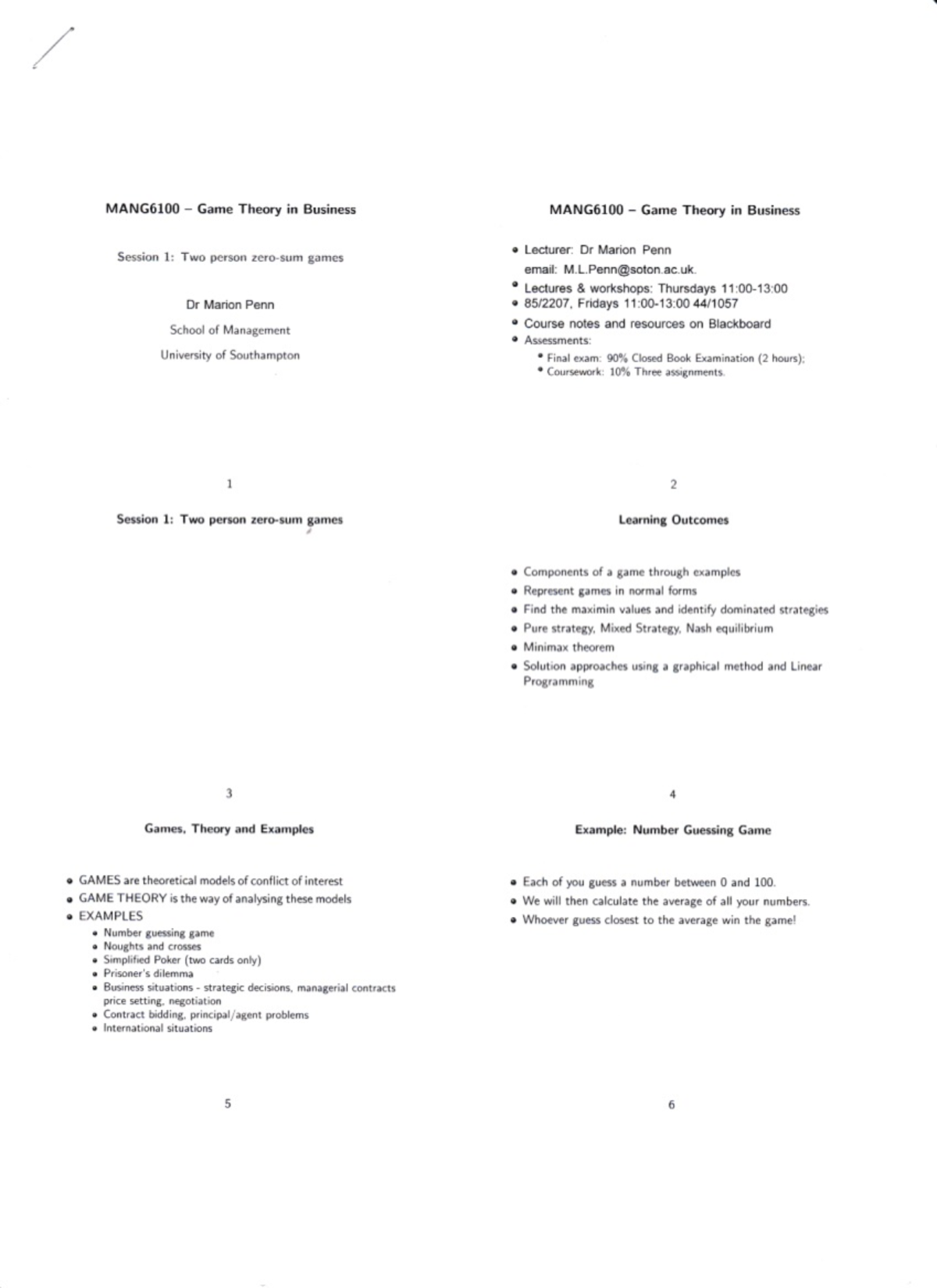 Game Theory - Lecture notes - Scan - Lecture notes, lectures 1 - 6 -  MANG6100 - StuDocu