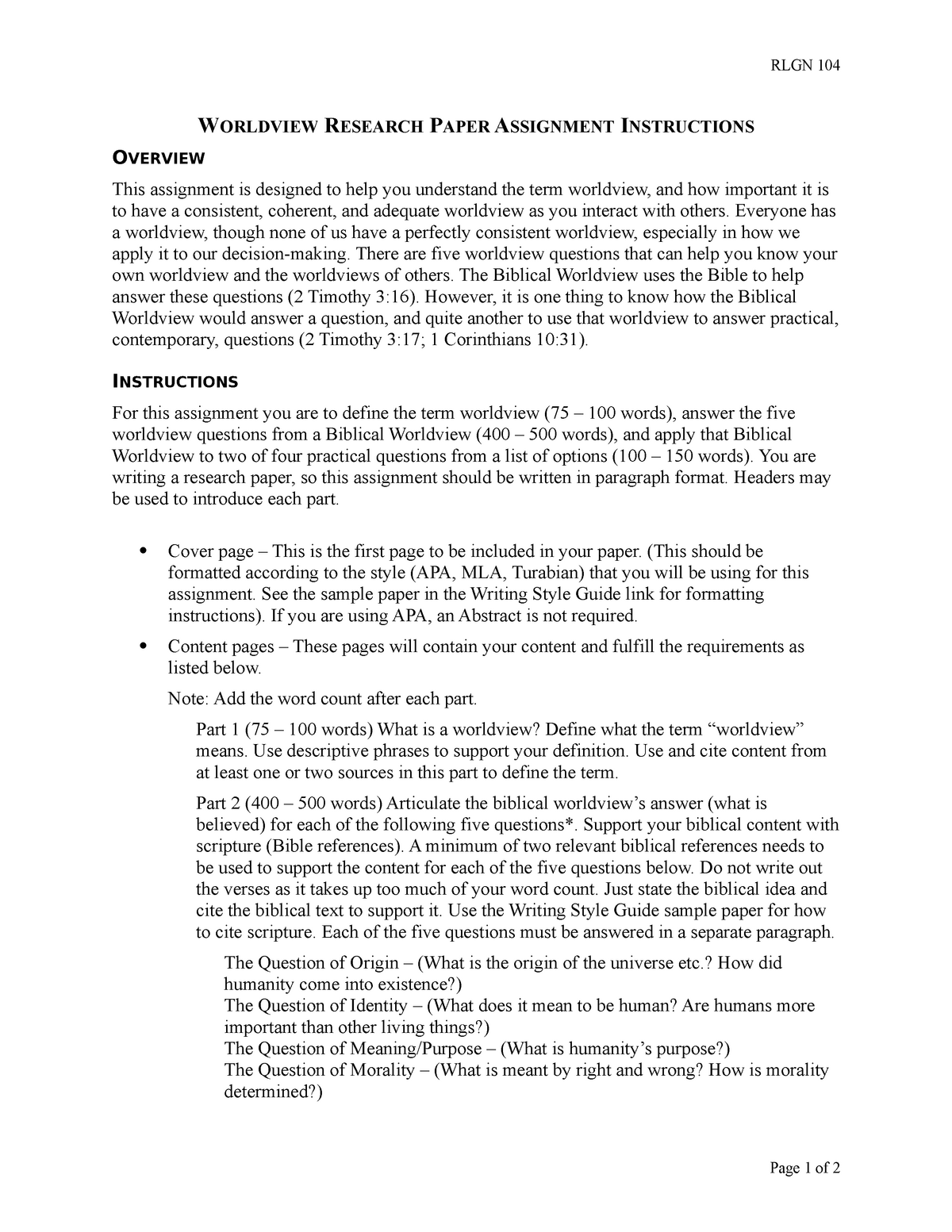 worldview research paper rlgn 104