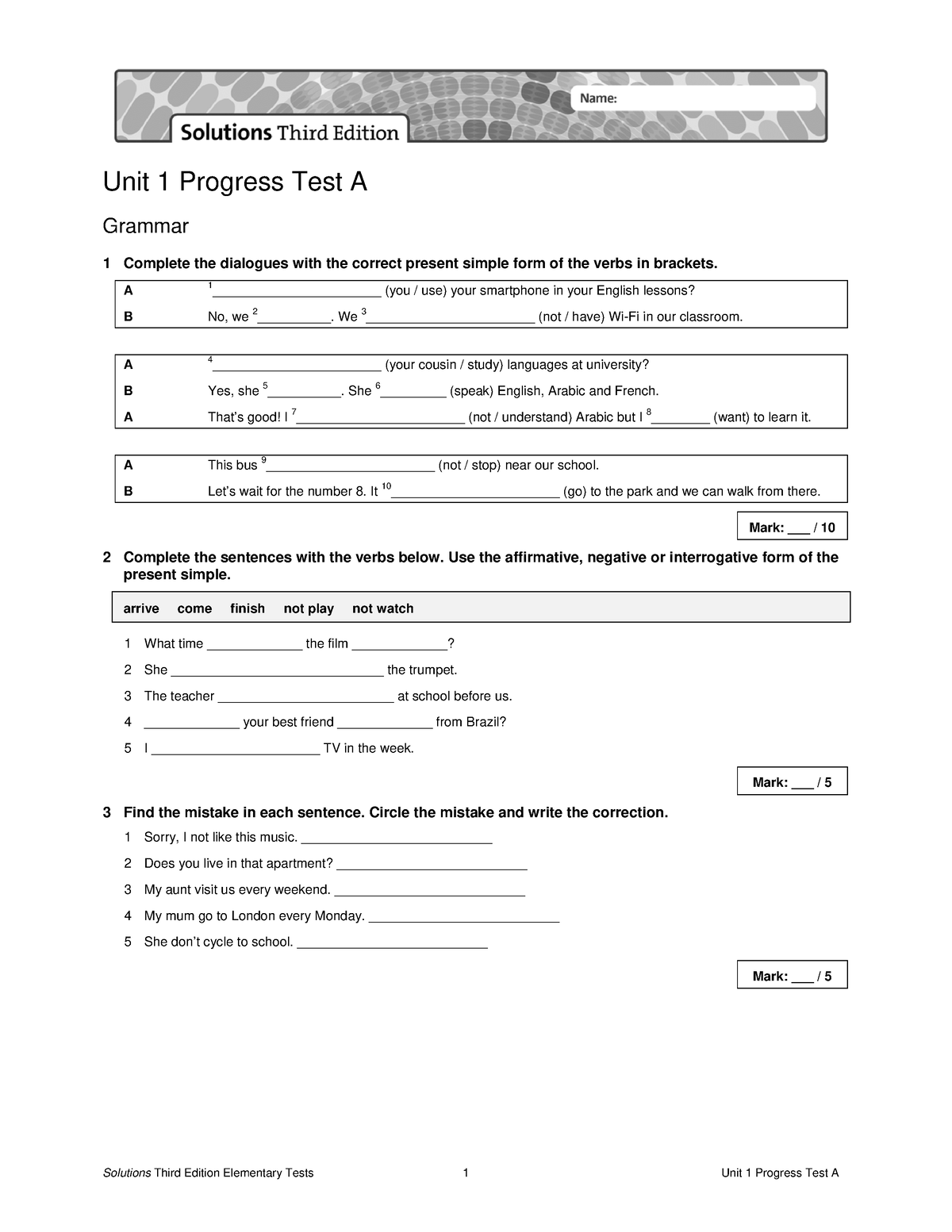 Sol3e Elem U1 Progress Test A - Unit 1 Progress Test A Grammar 1 ...