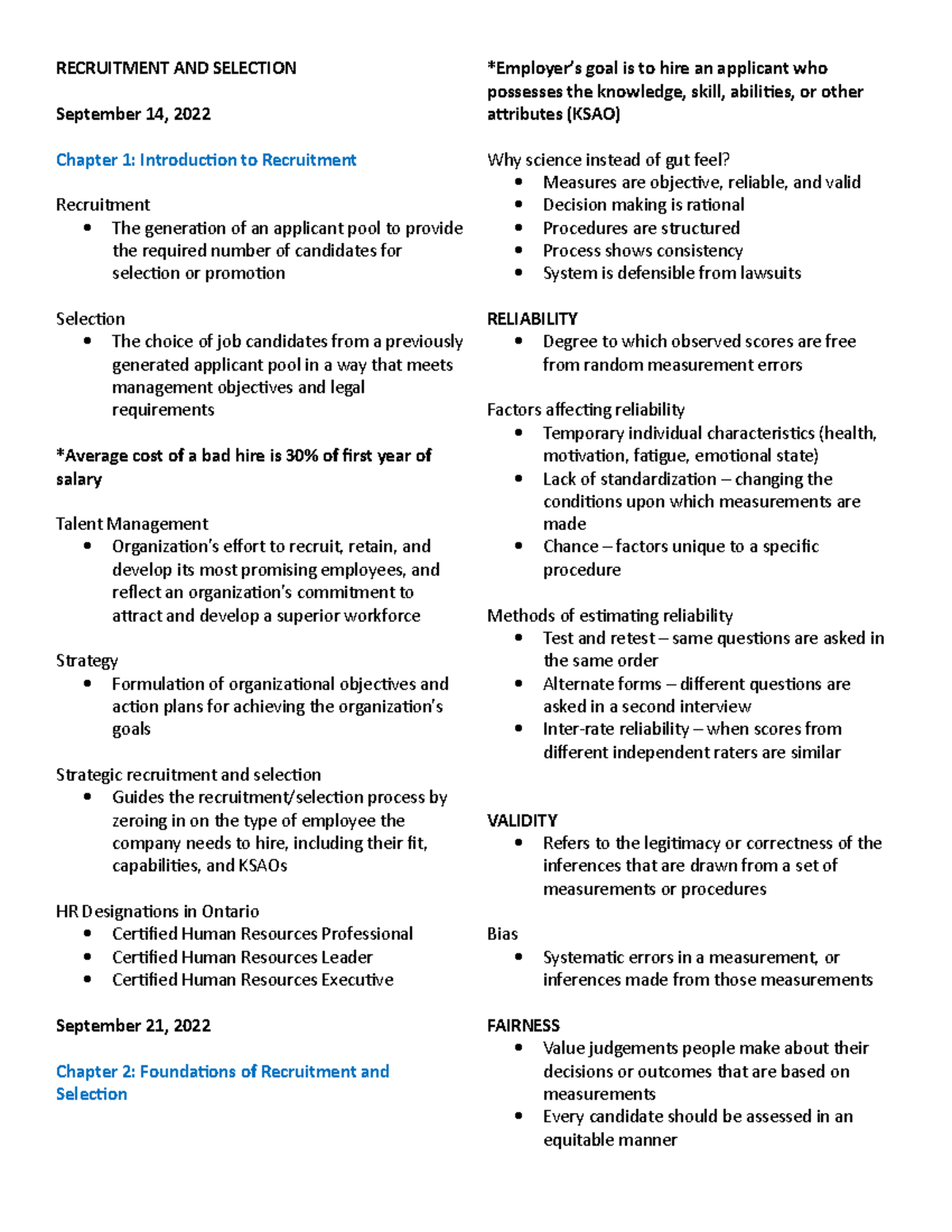 Notes Recruitment and Selection - RECRUITMENT AND SELECTION September ...