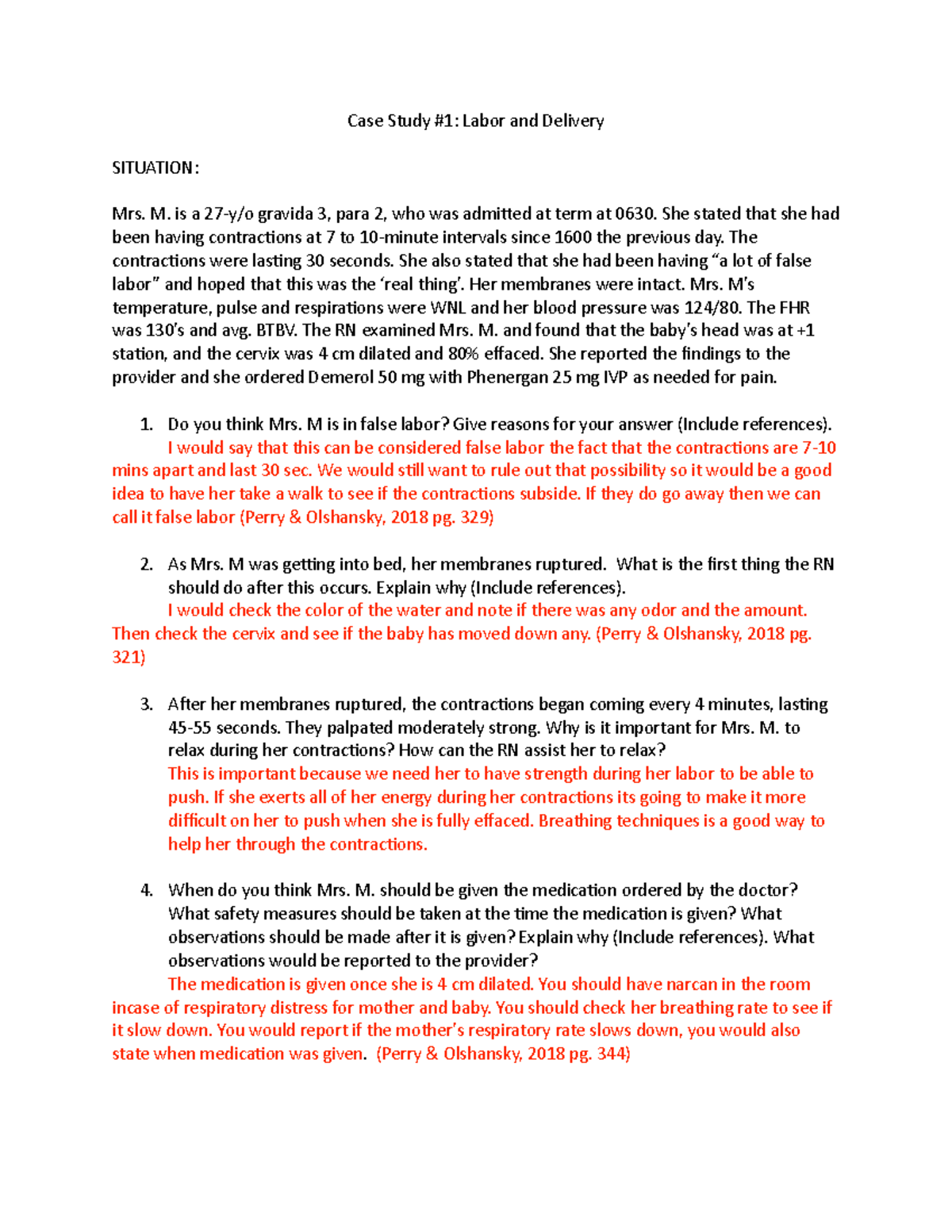 case study #1 labor and delivery answers