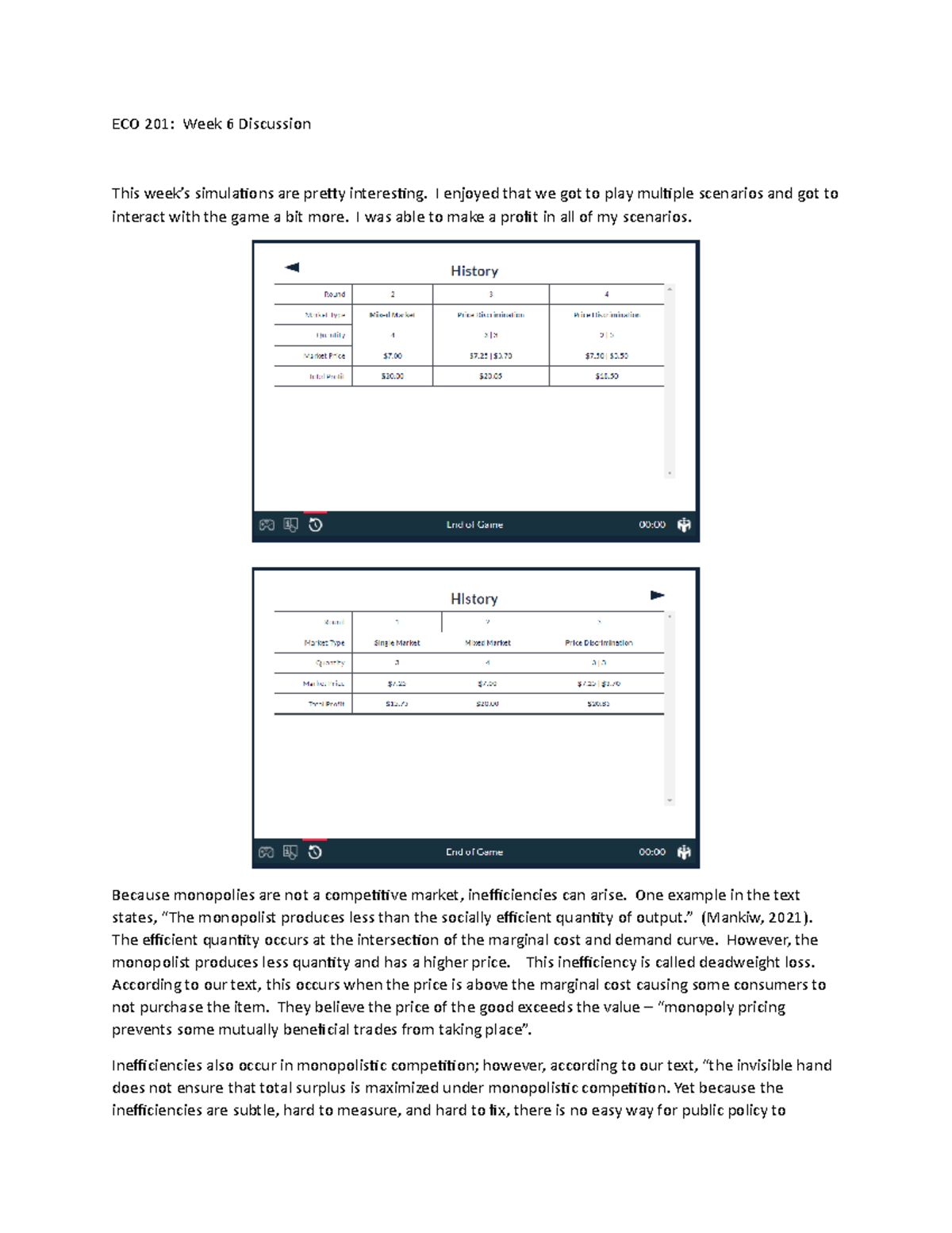 Week 6 Simulation Discussion Monopolies & Monopolistic Competition