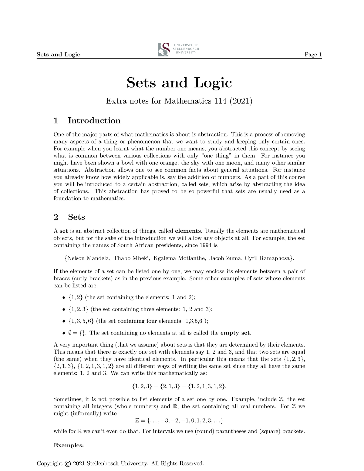 Sets And Logic - Sets And Logic Extra Notes For Mathematics 114 (2021 ...