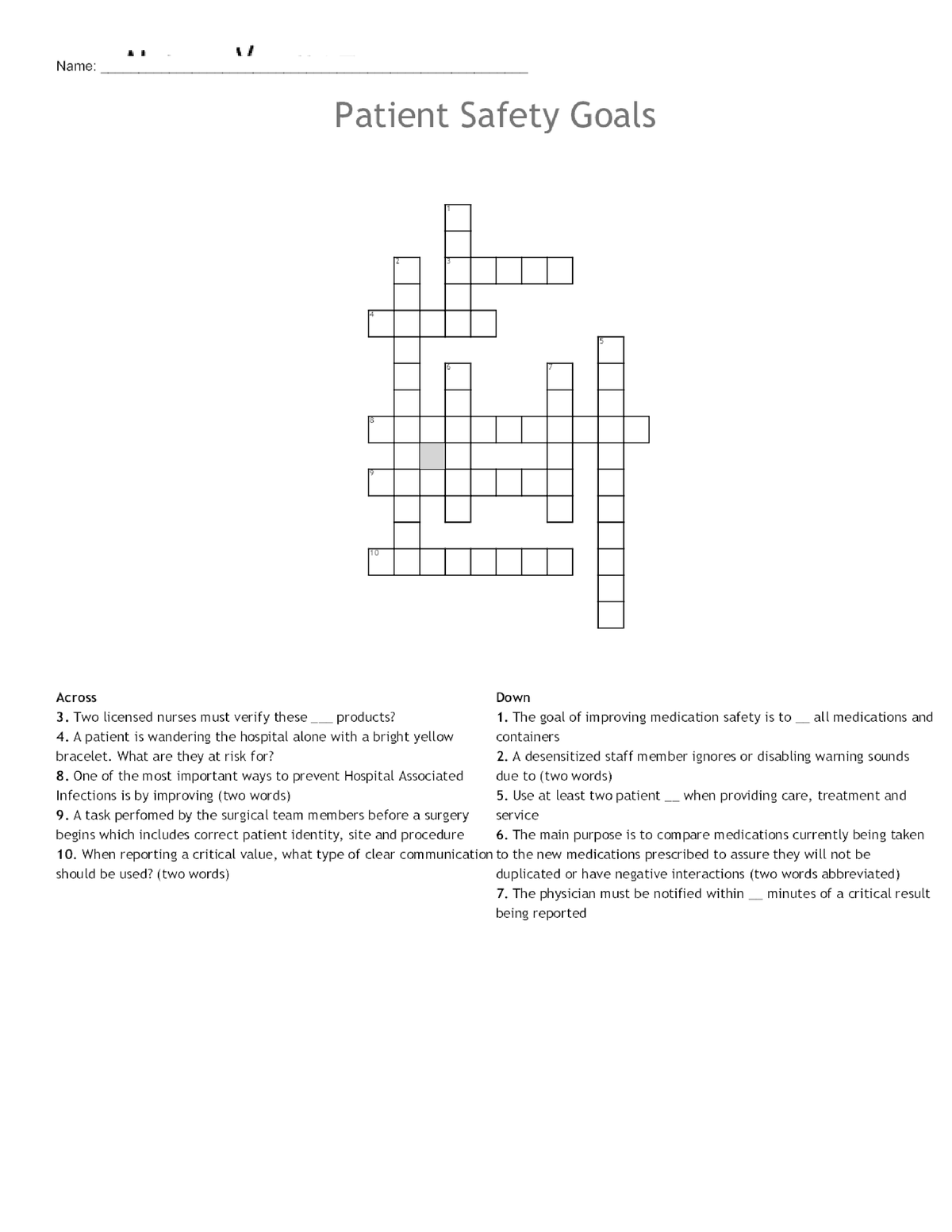 Patient Safety Goals Crossword Puzzle NUR 201 Studocu