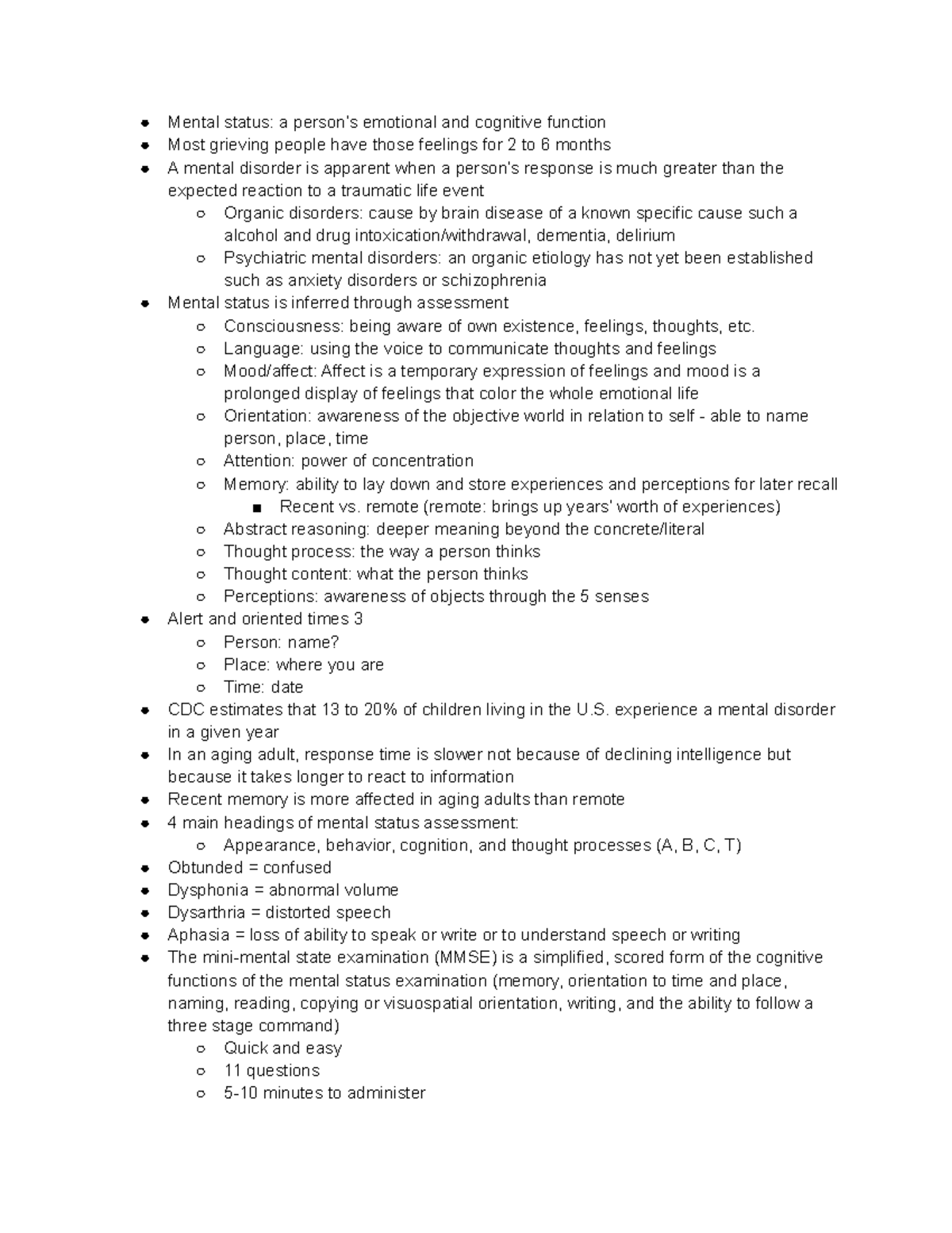 Chapter 5: Mental Status Assessment - Mental status: a person’s ...