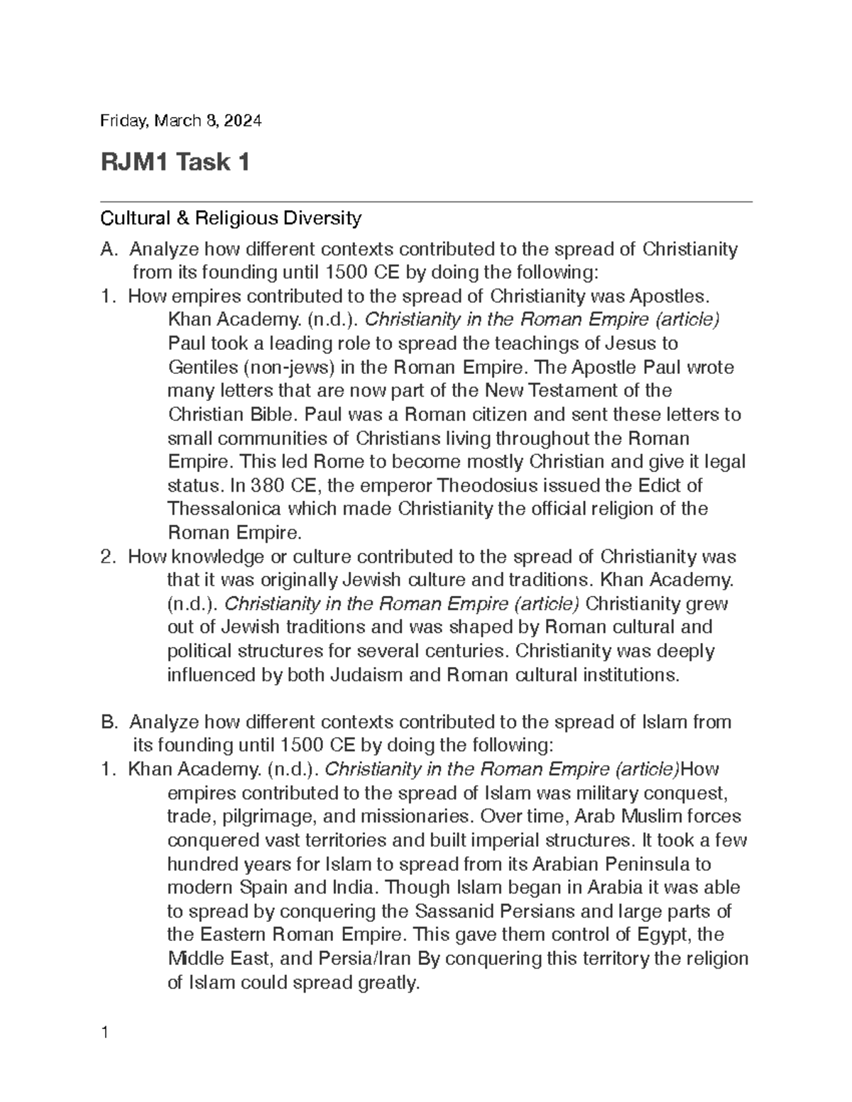 RJM1 Task 1 - Friday, March 8, 2024 RJM1 Task 1 Cultural & Religious ...