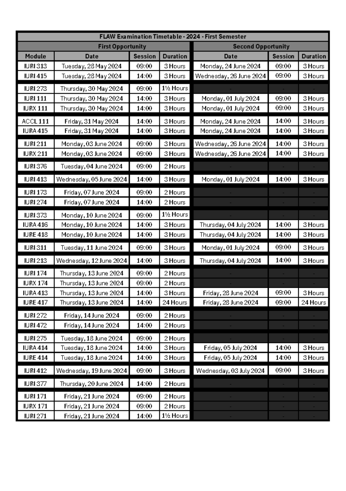 NWU UG Exam Timetable 2024 S1 Both Opp 20240507 - Module Date Session ...