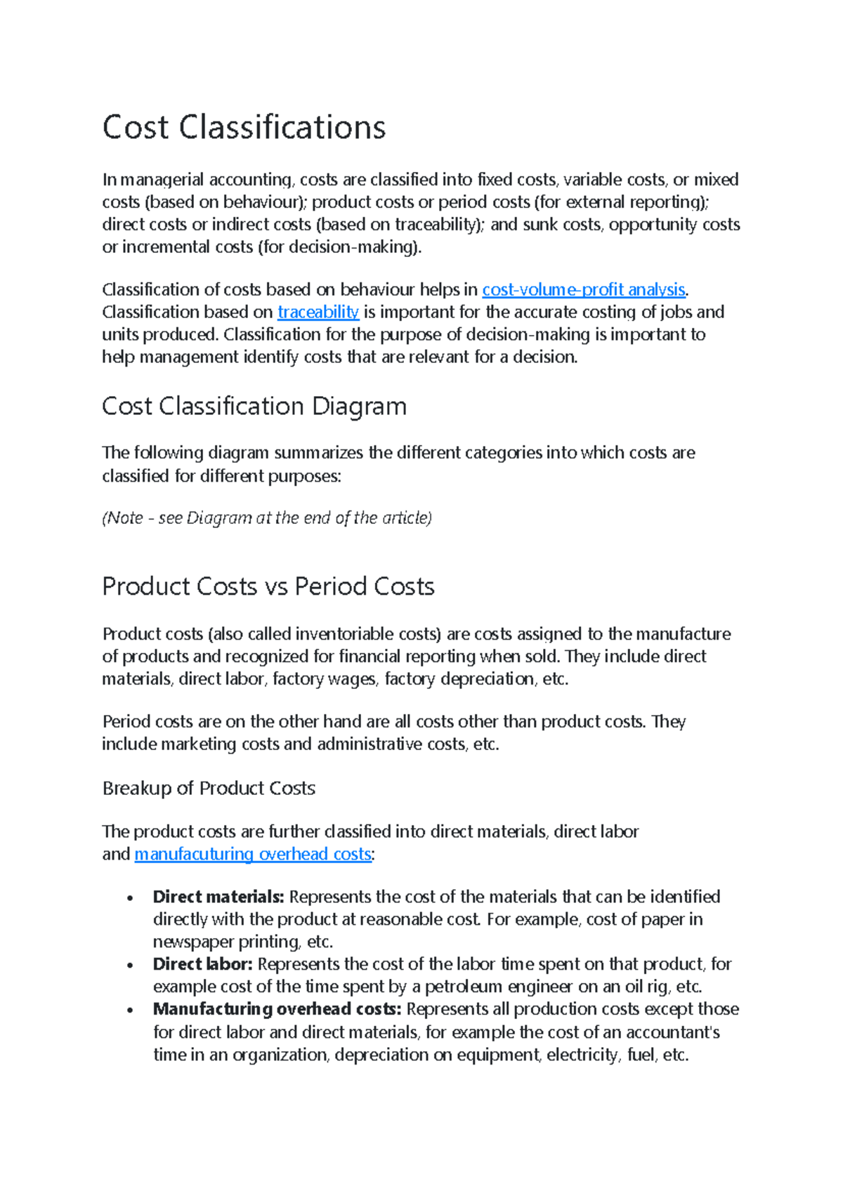 Pre-Reading Cost Classifications - Cost Classifications In managerial ...